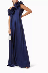 One-shoulder pleated gown with oversized floral detail – ODD- NAVIL
