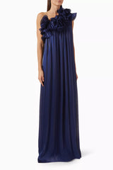 One-shoulder pleated gown with oversized floral detail – ODD- NAVIL