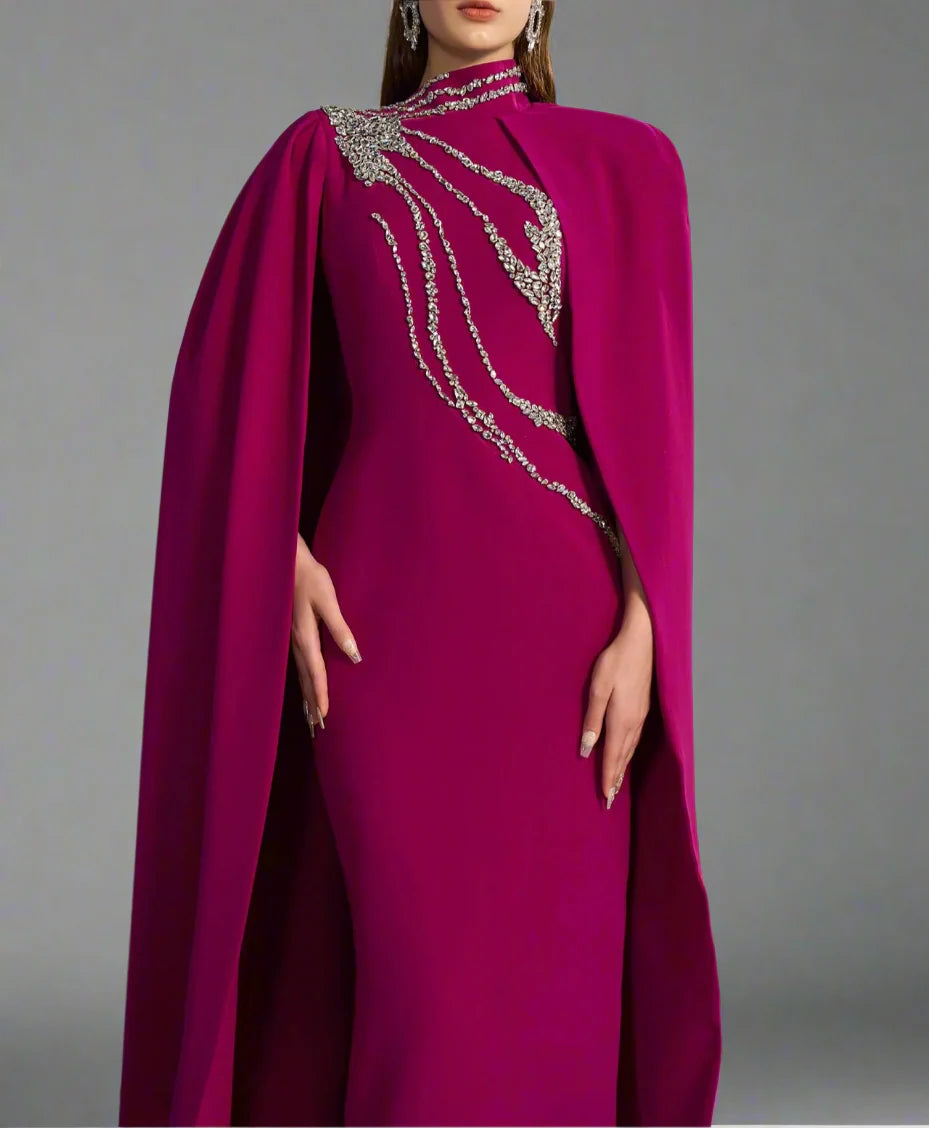 High-neck column dress with embellished maxi cape – ODD- Fugara