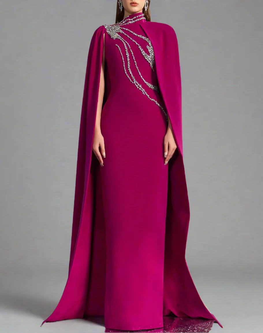 High-neck column dress with embellished maxi cape – ODD- Fugara