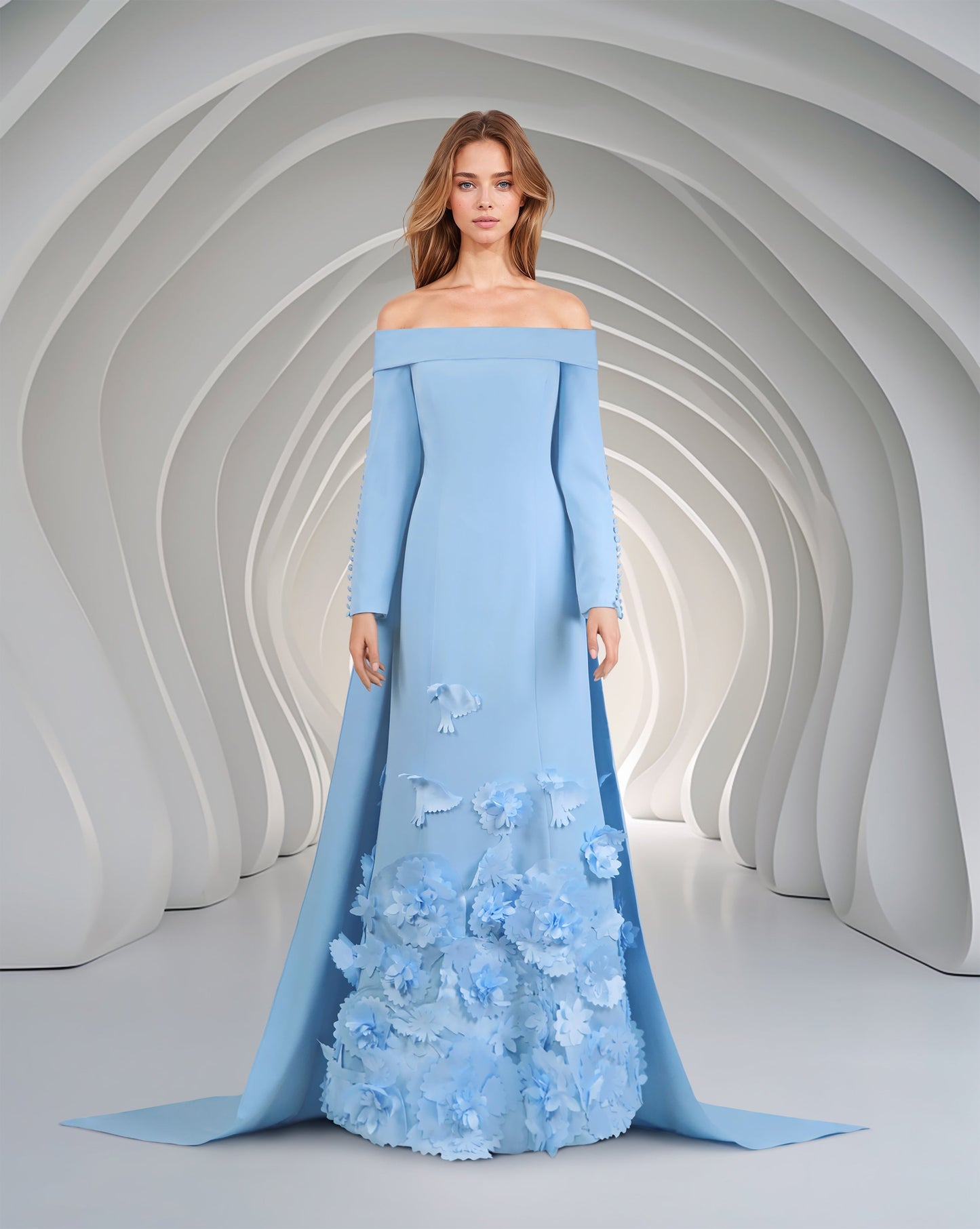 Strapless long sleeve blue dress with 3D flowers - ODD - Bolee