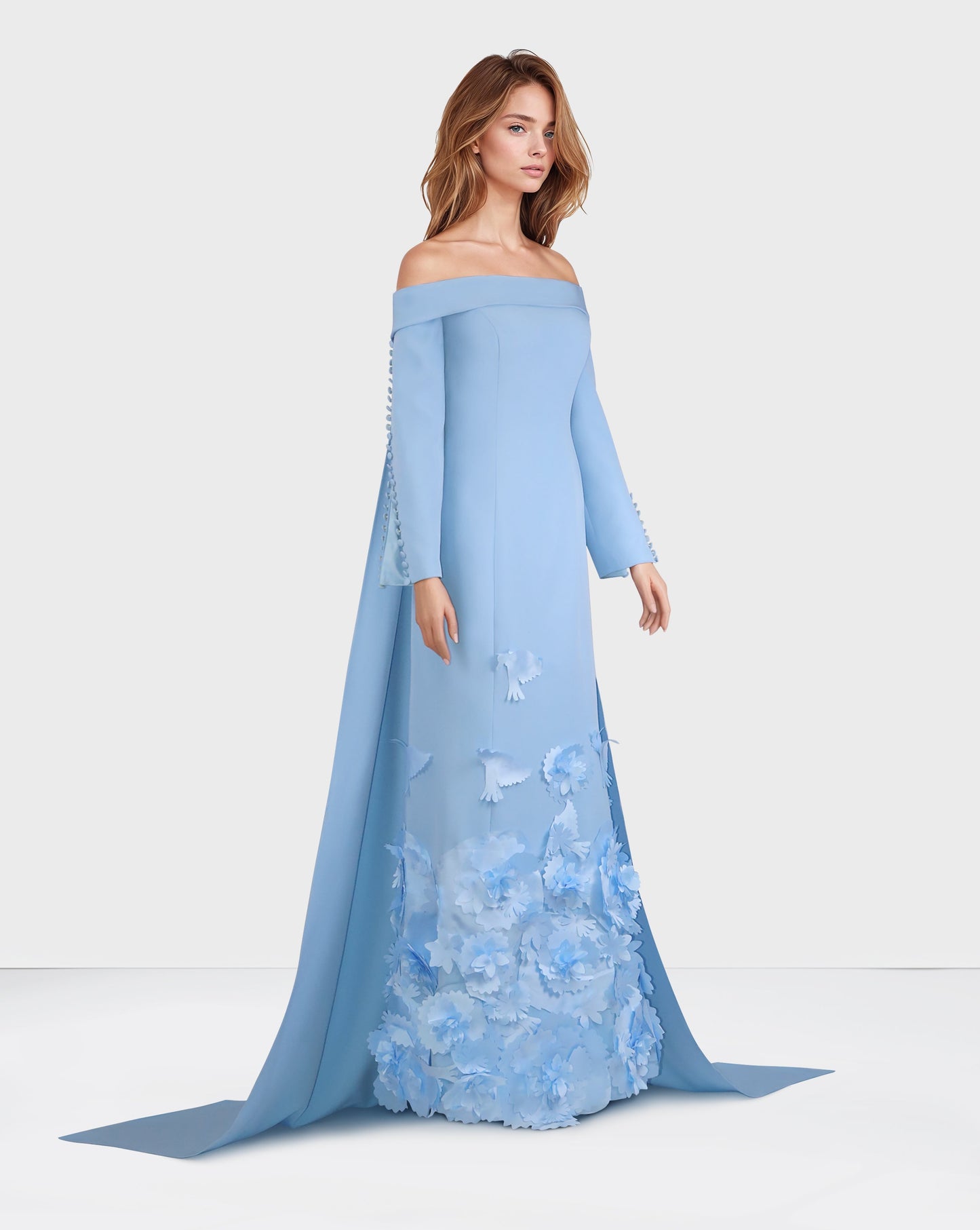 Strapless long sleeve blue dress with 3D flowers - ODD - Bolee