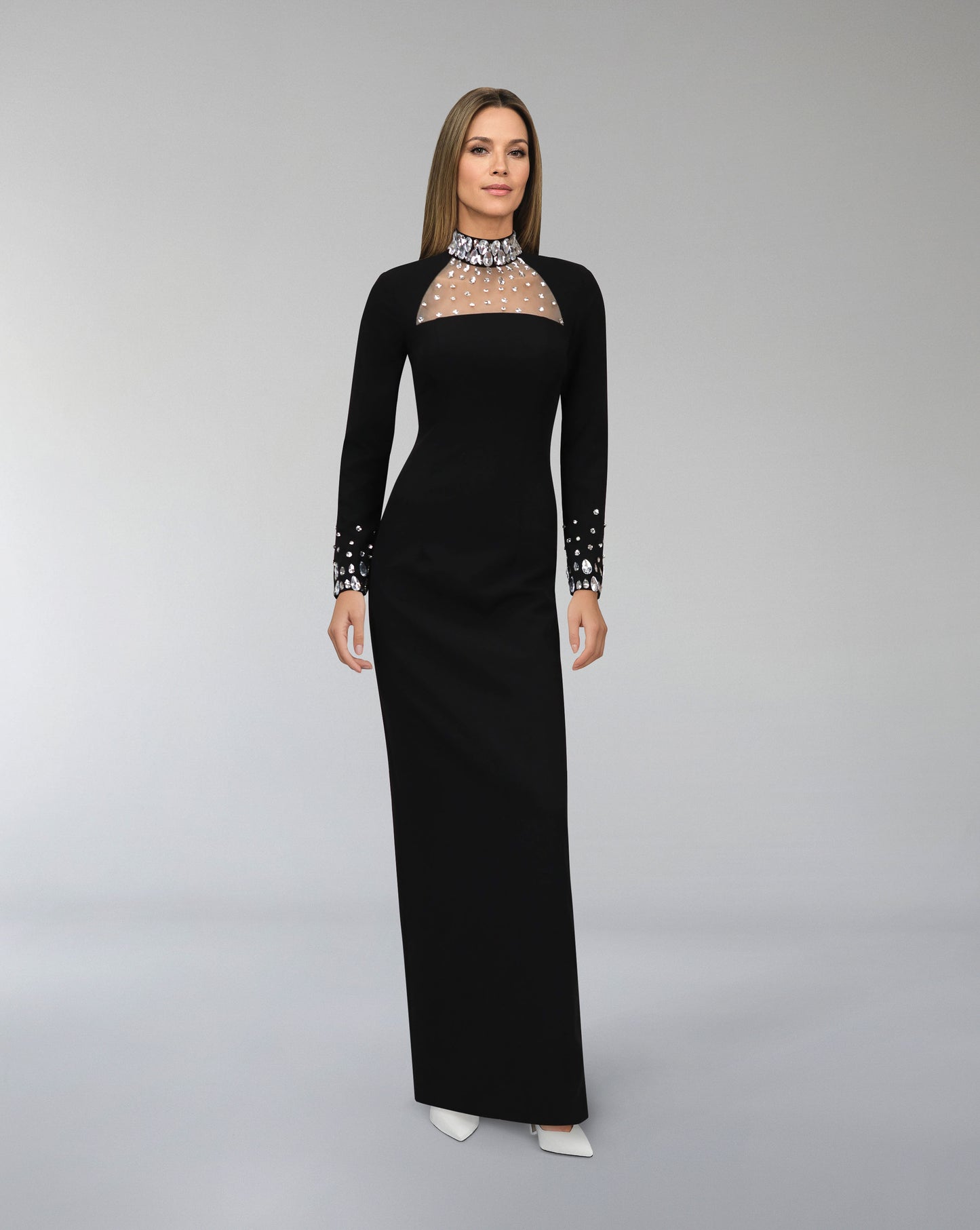 Long sleeves column dress with beaded neckline ODD-Zorina