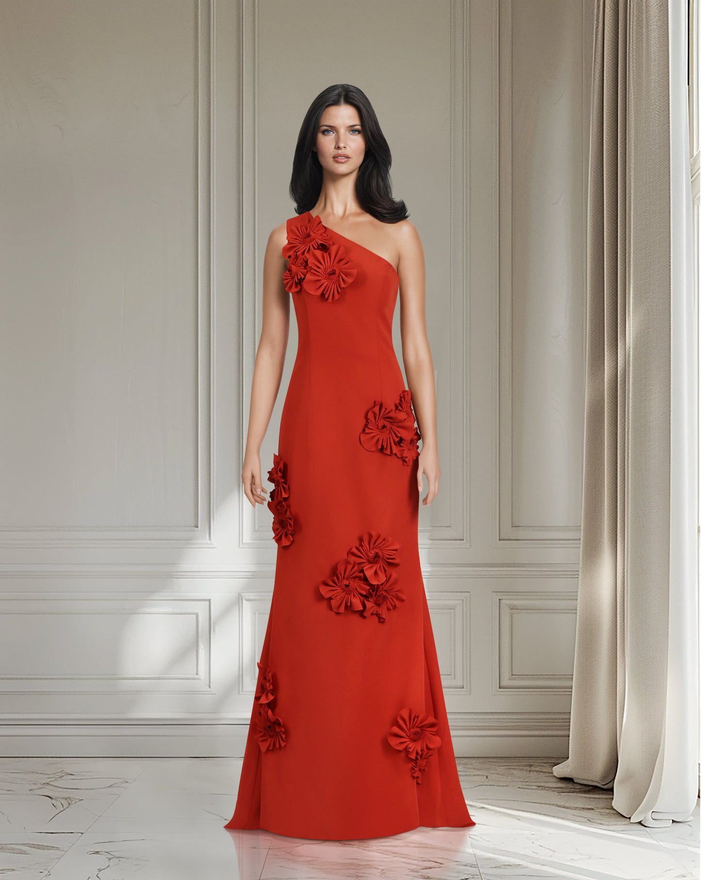 Shoulder off red dress with 3D flowers  -ODD- LOYAN