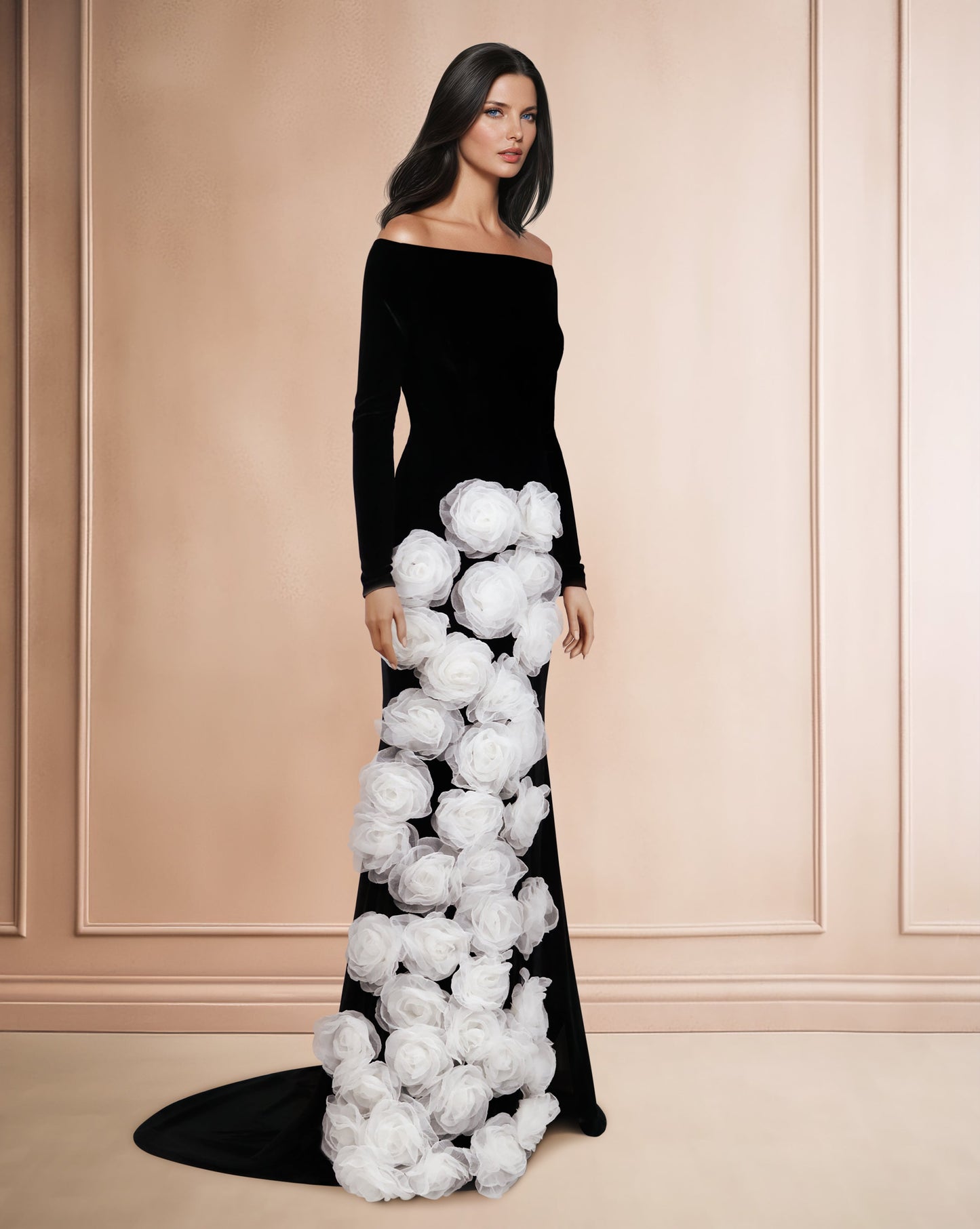 ODD-Shoulder-off column dress with 3D flowers and a train