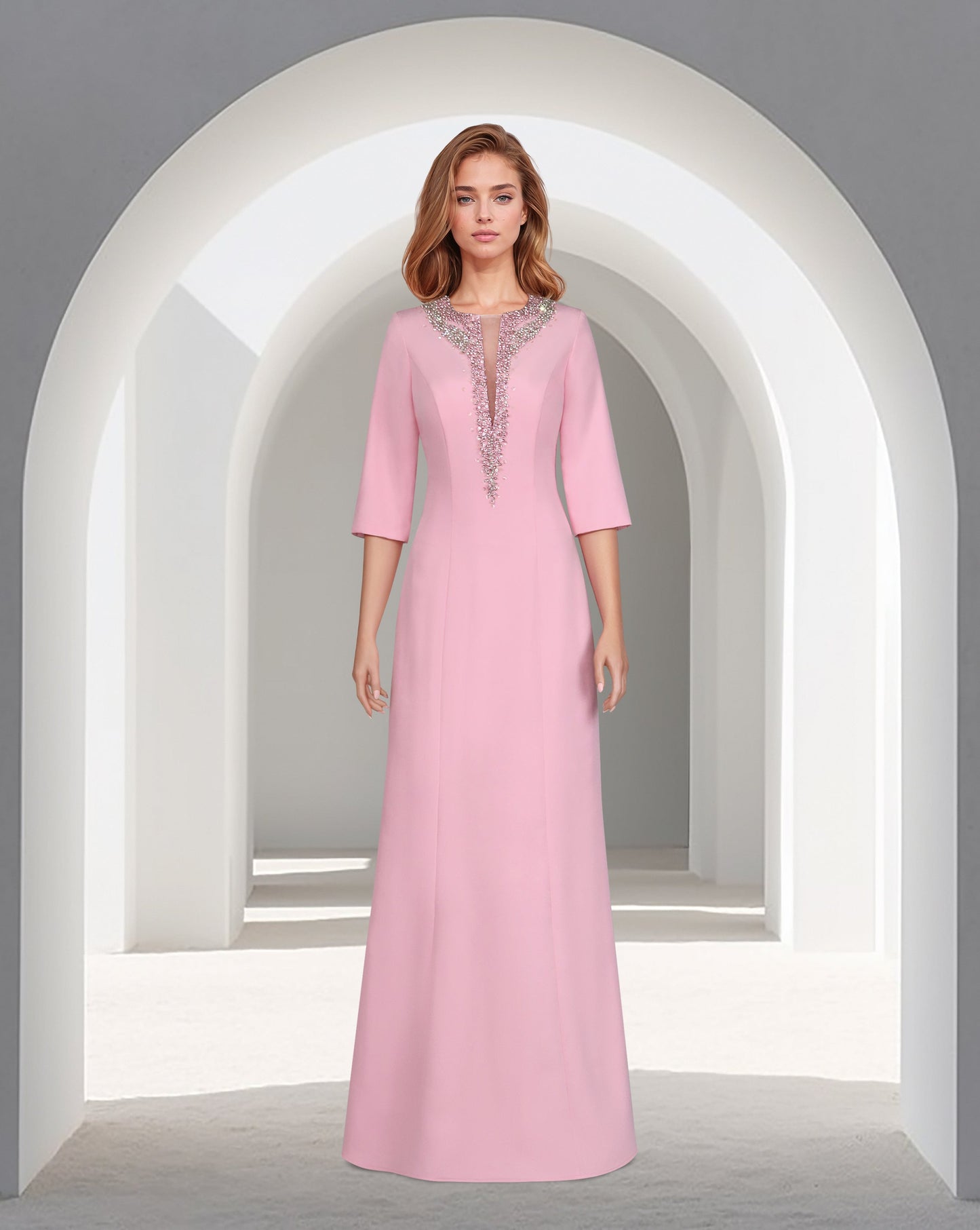 ODD-Sequinned neckline - long floor length pink dress