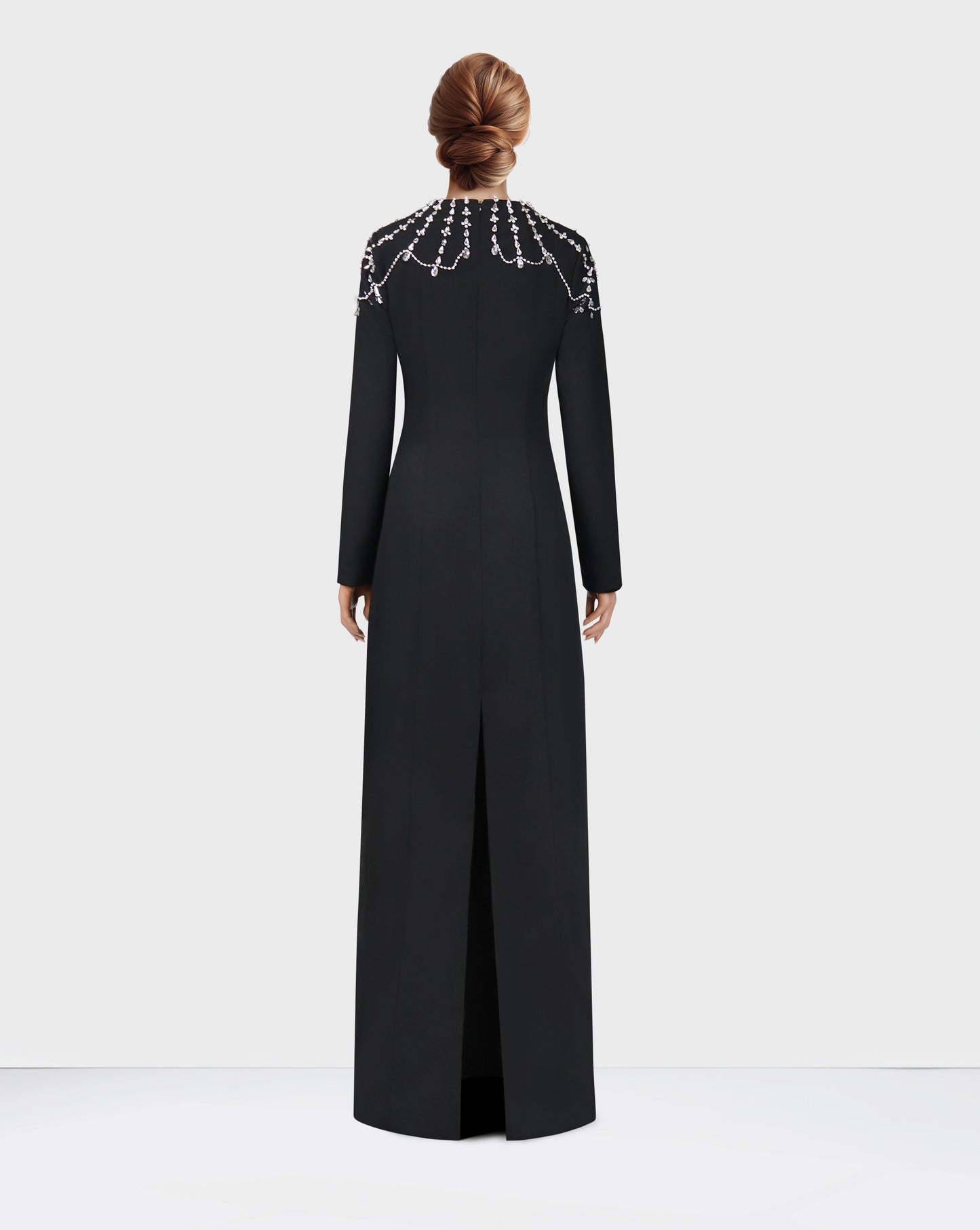 Black column dress with beaded shoulders and long sleeves -ODD-Telqo