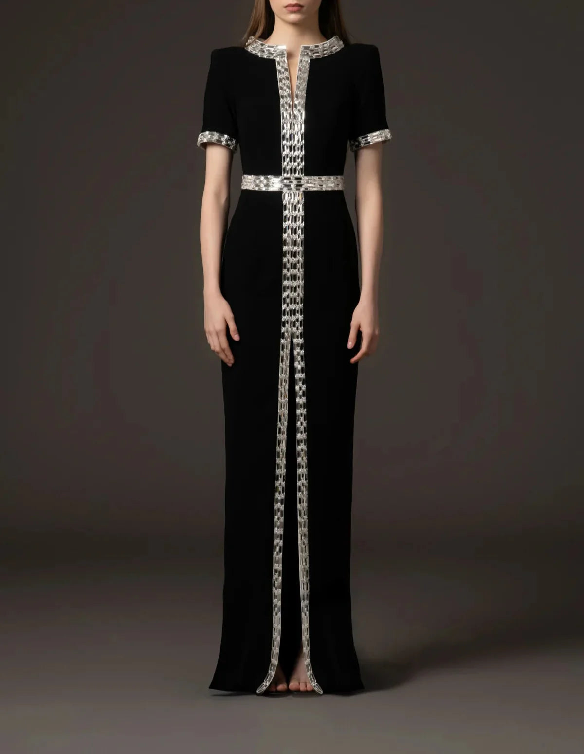 short-sleeve column dress with crystal belt trim – ODD- ASTVAR