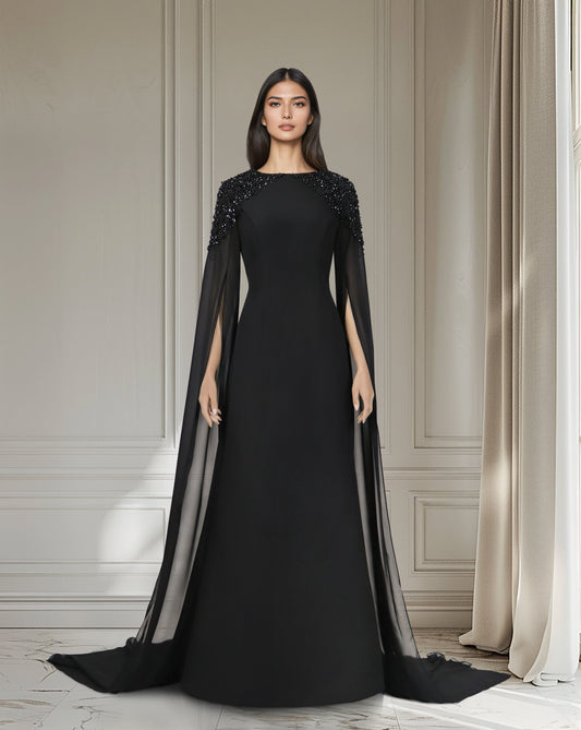 Beaded shoulders black dress with cape sleeves -ODD-Zoella