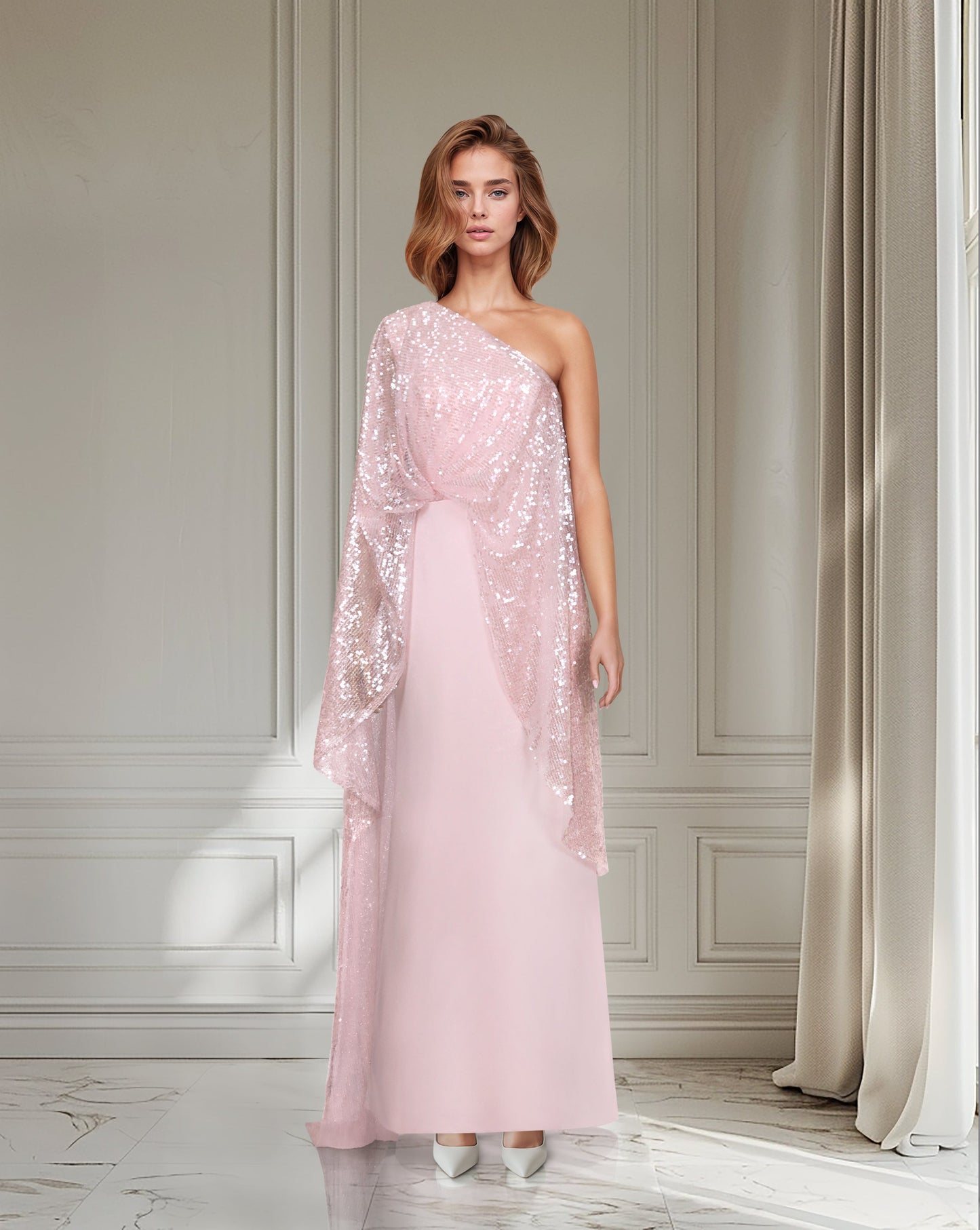 Off Shoulder  pink dress with sequined cape - ODD-Nardin