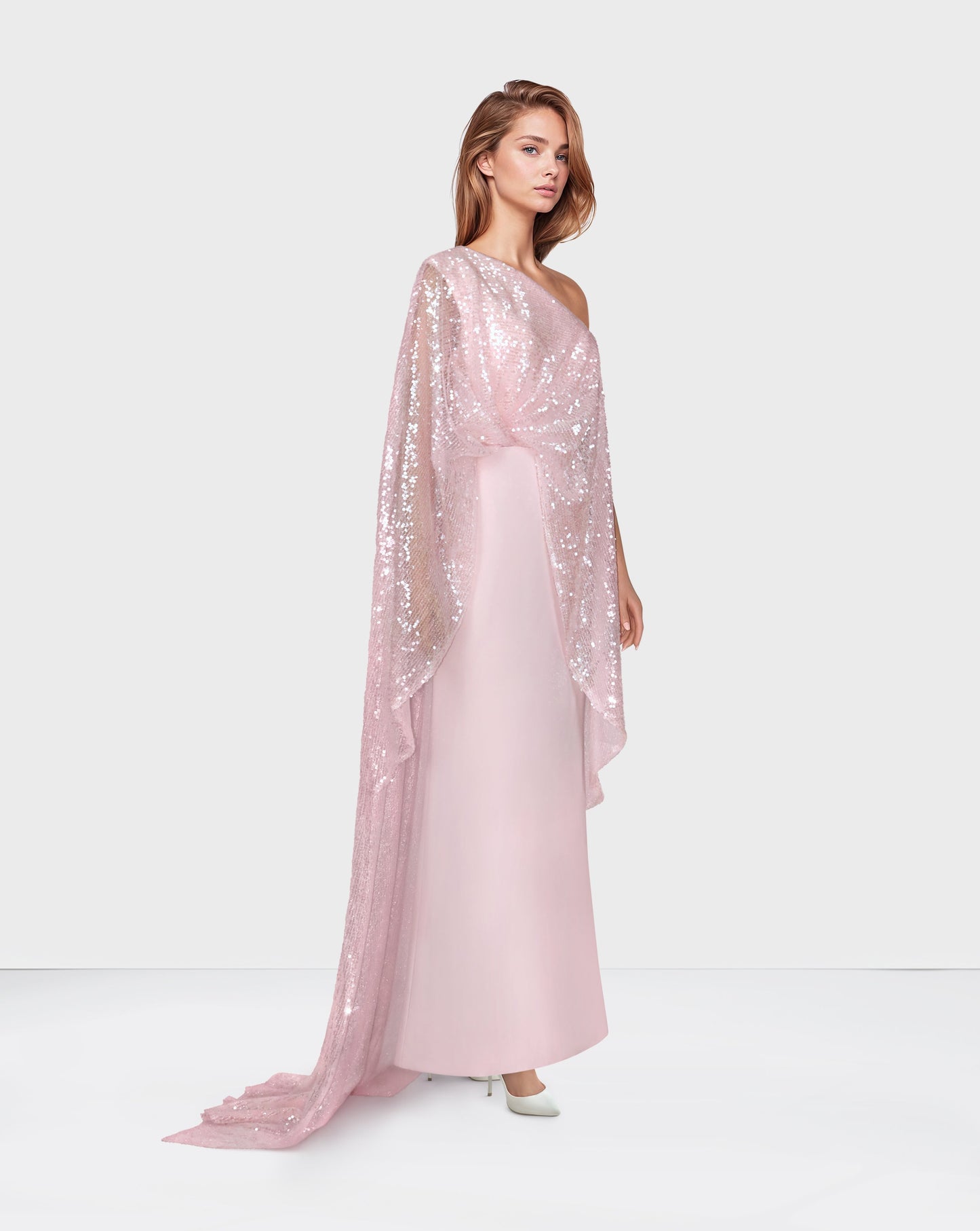 Off Shoulder  pink dress with sequined cape - ODD-Nardin