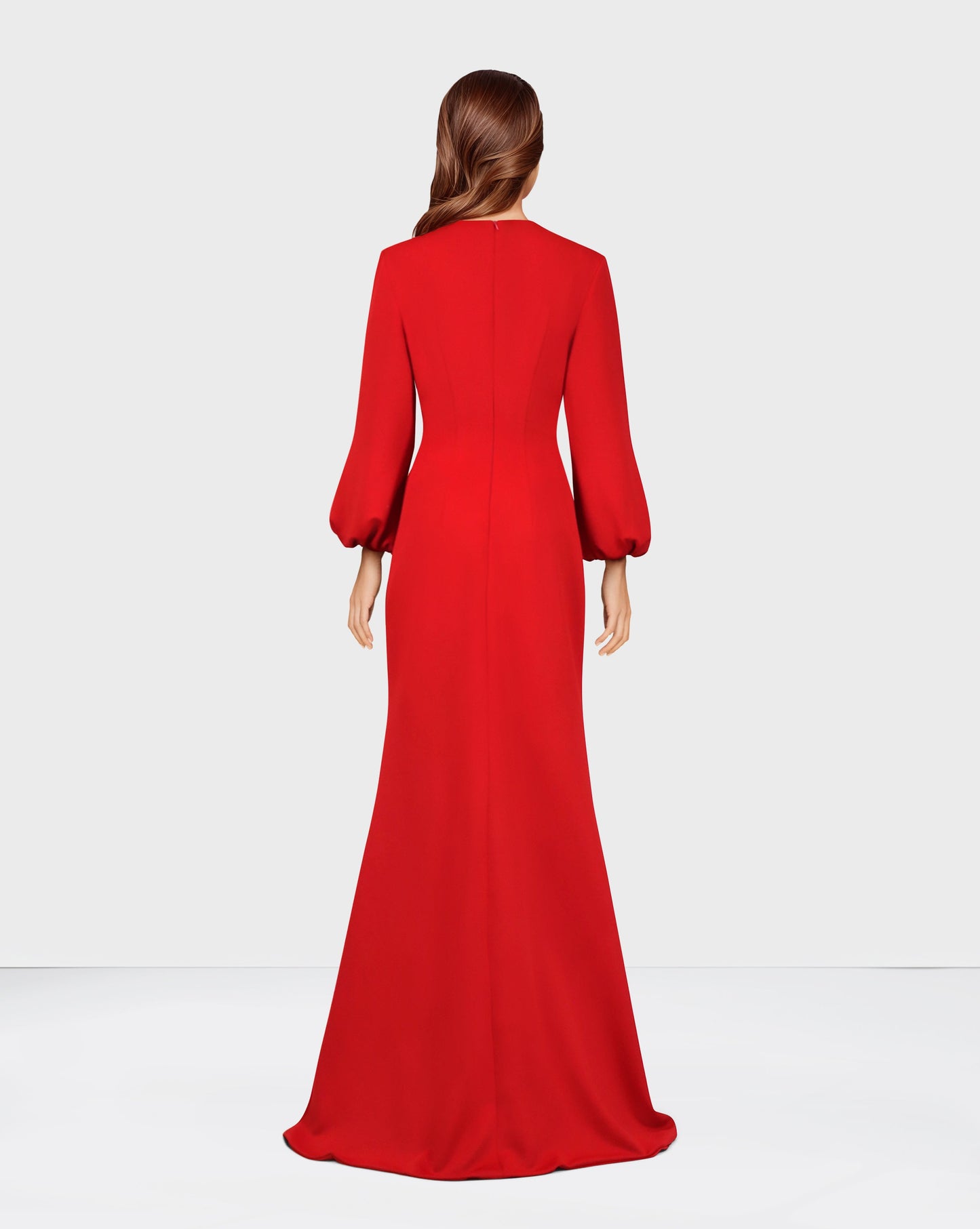 ODD-Red Floor-Length Beaded Dress with Puffed Sleeves