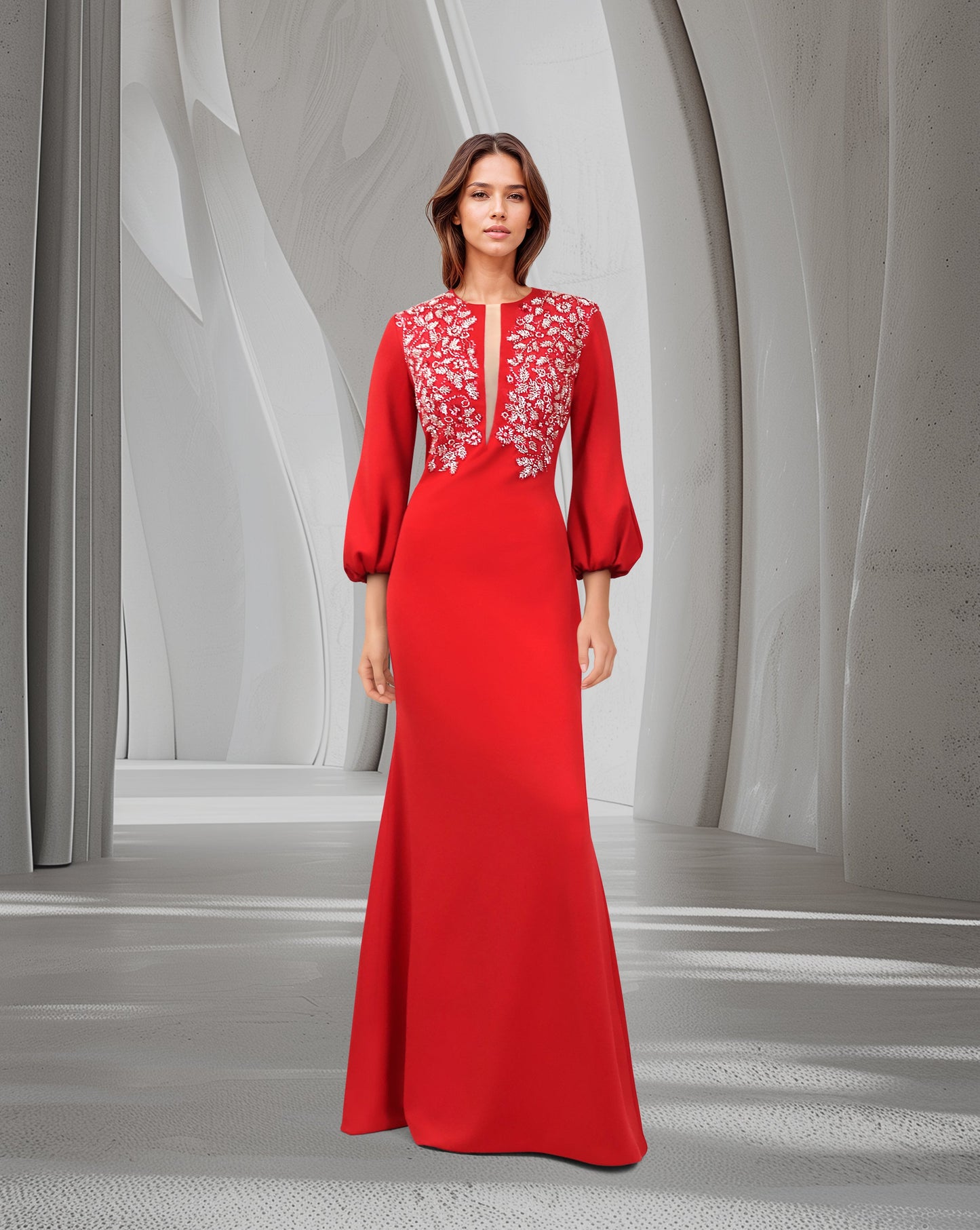 ODD-Red Floor-Length Beaded Dress with Puffed Sleeves