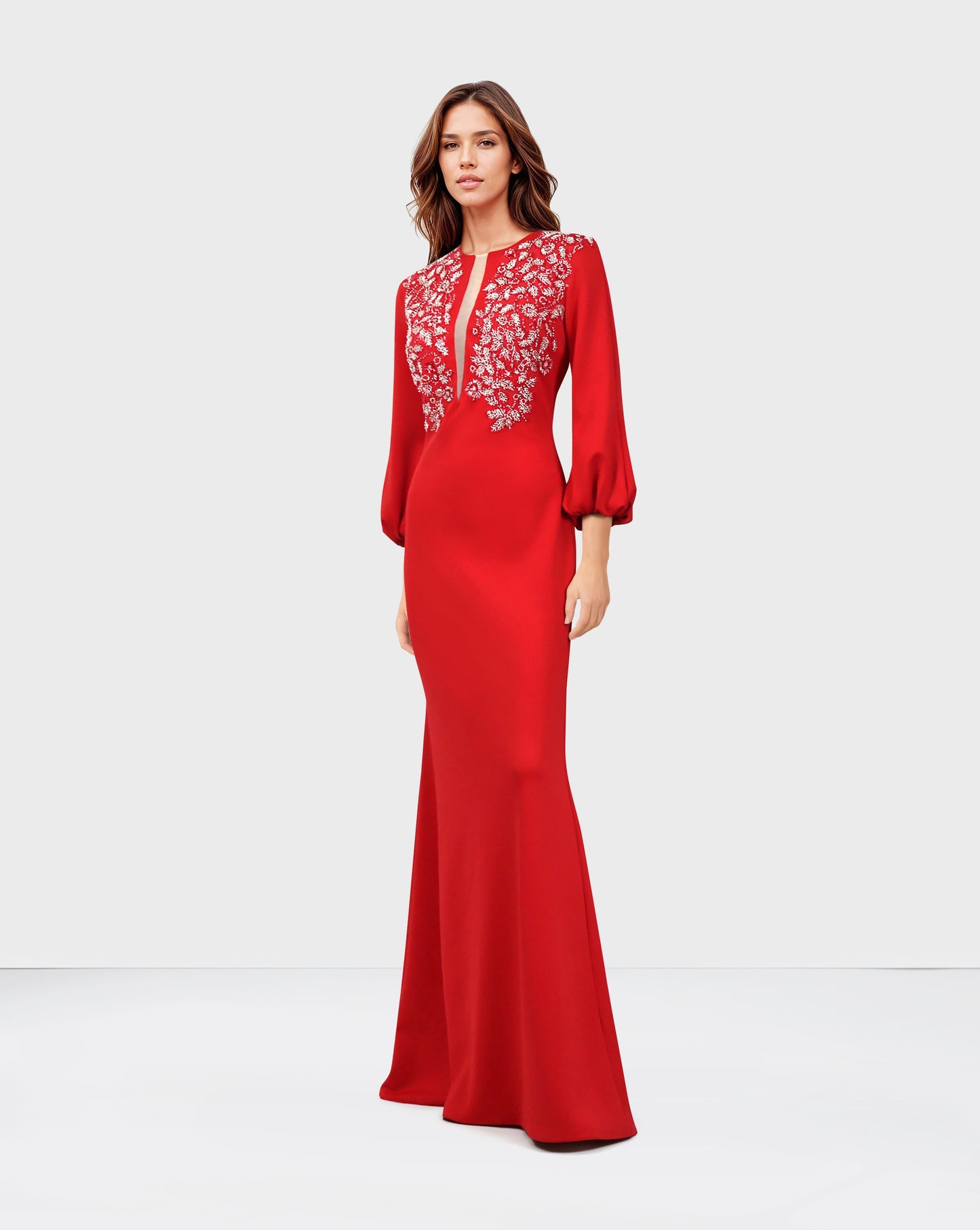 ODD-Red Floor-Length Beaded Dress with Puffed Sleeves