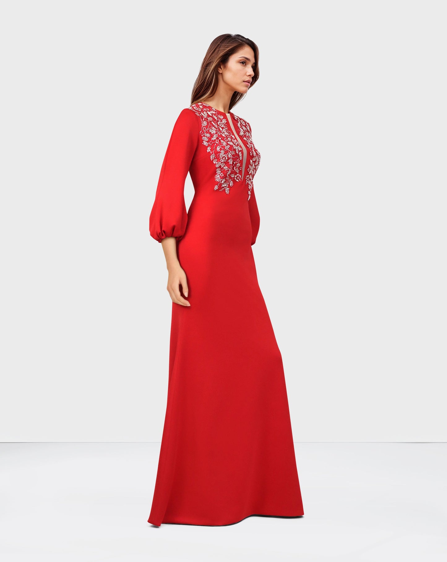 ODD-Red Floor-Length Beaded Dress with Puffed Sleeves