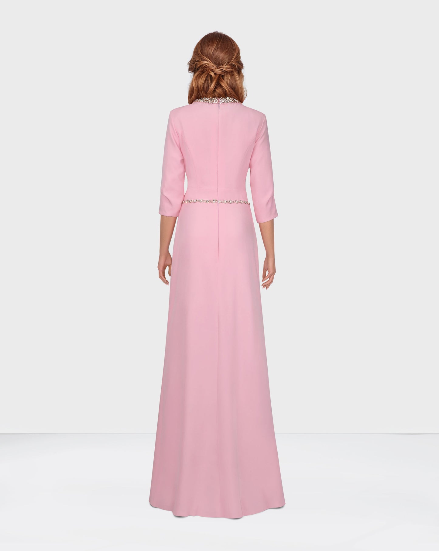 Beaded neckline - long floor length pink dress-ODD-Oberon