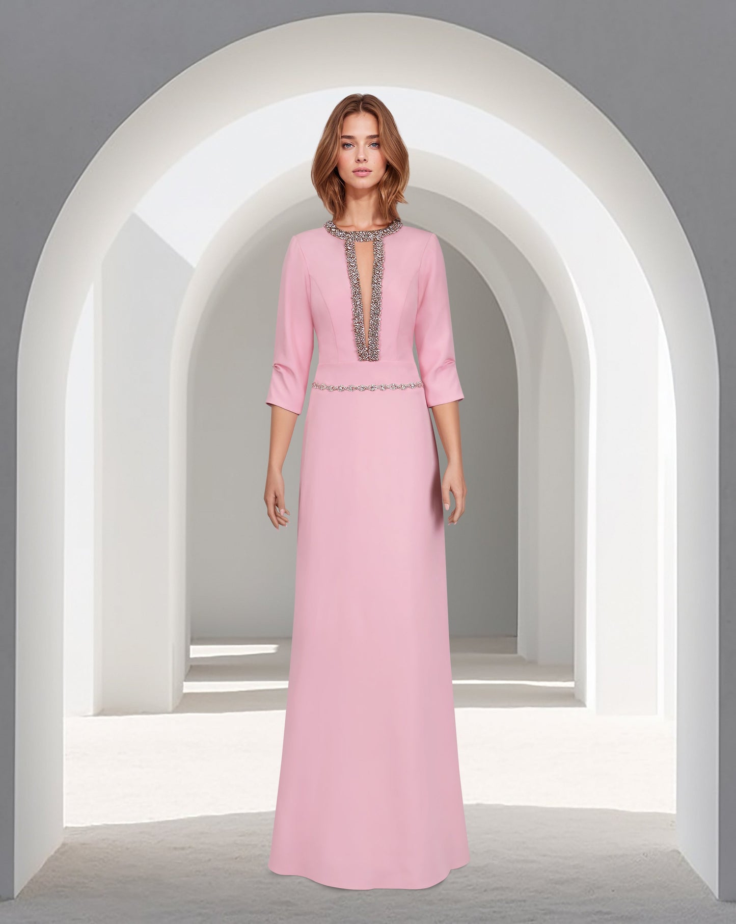 Beaded neckline - long floor length pink dress-ODD-Oberon