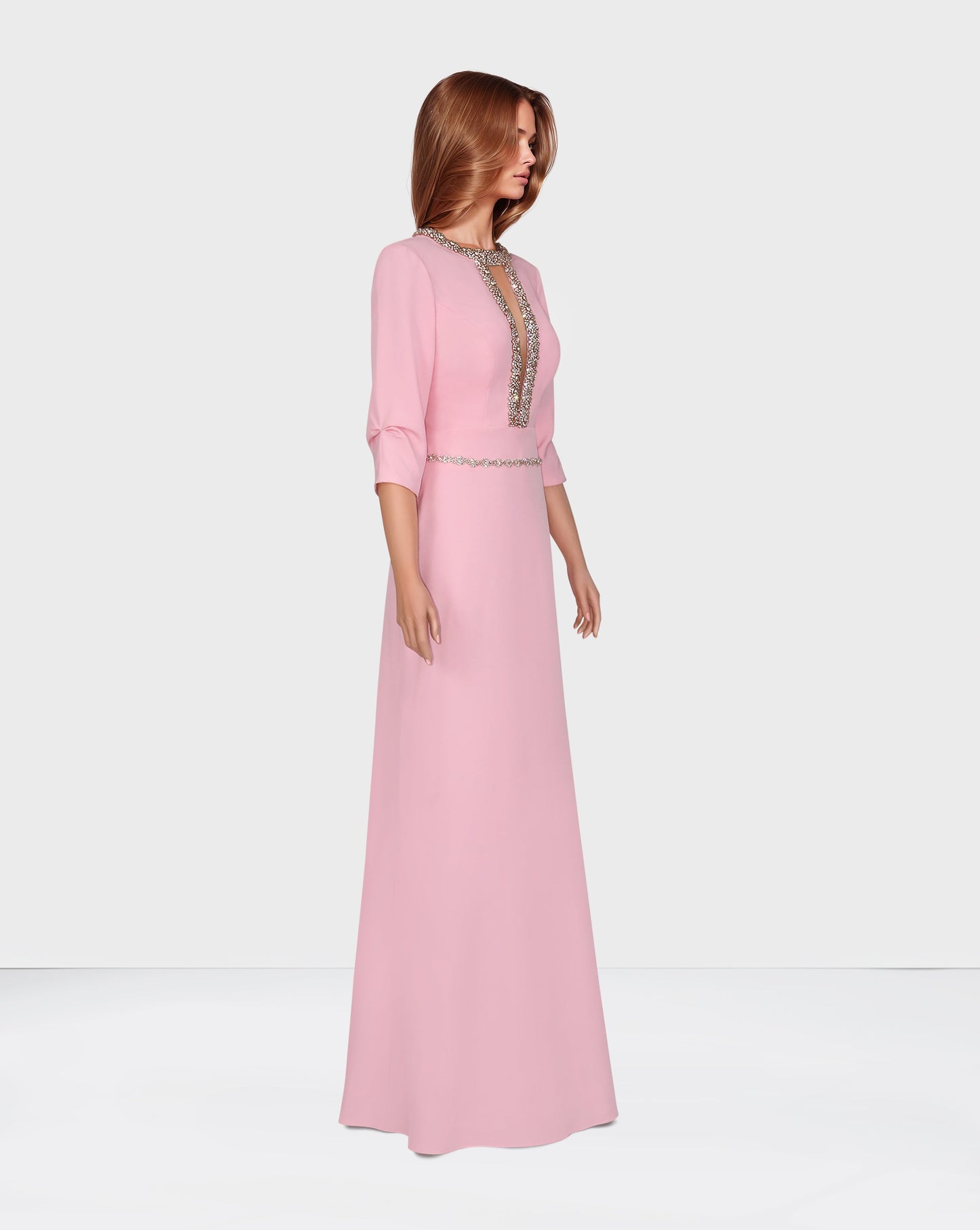 Beaded neckline - long floor length pink dress-ODD-Oberon