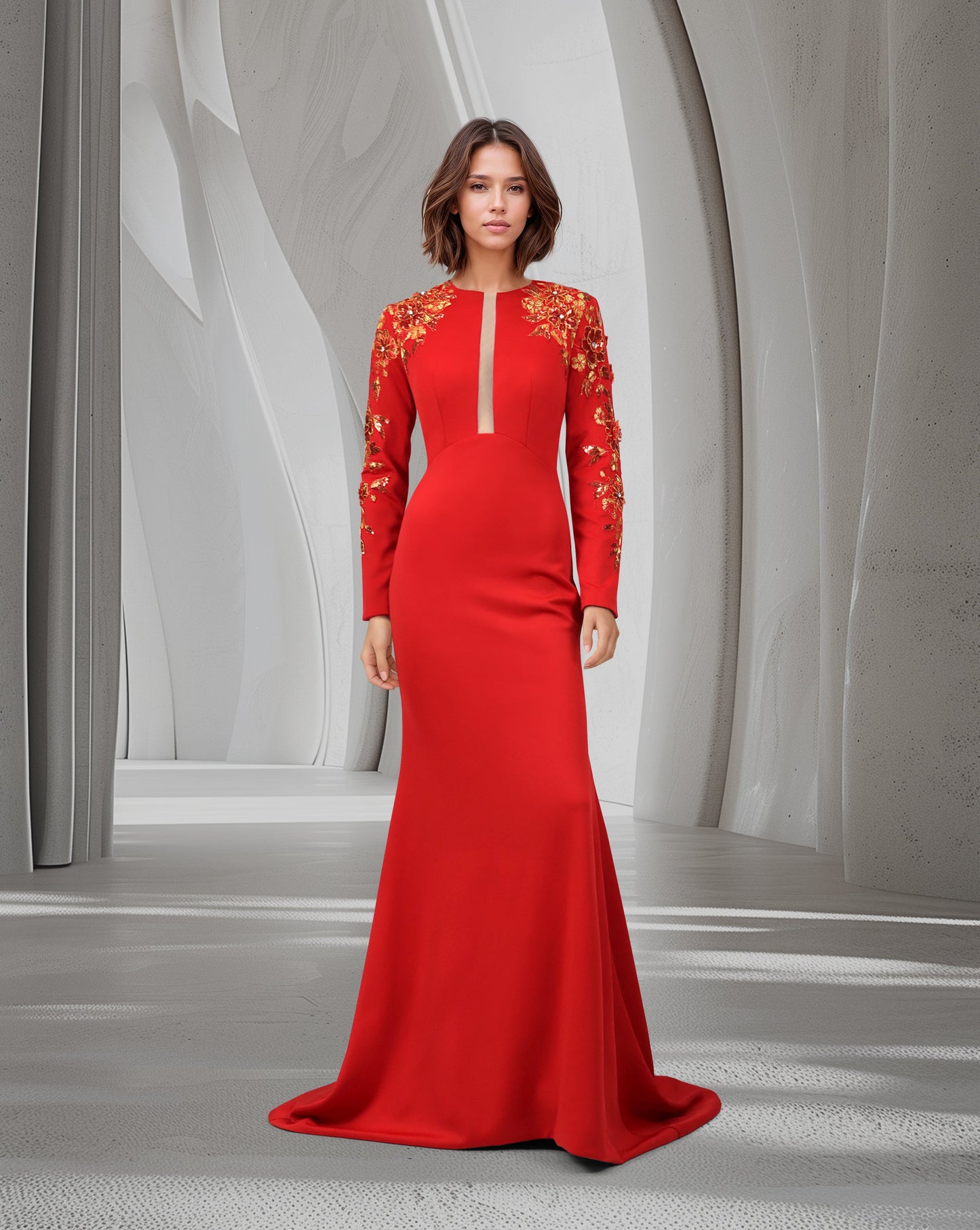 ODD-Red Floor-Length Dress with a Long Train and Sequined Sleeves