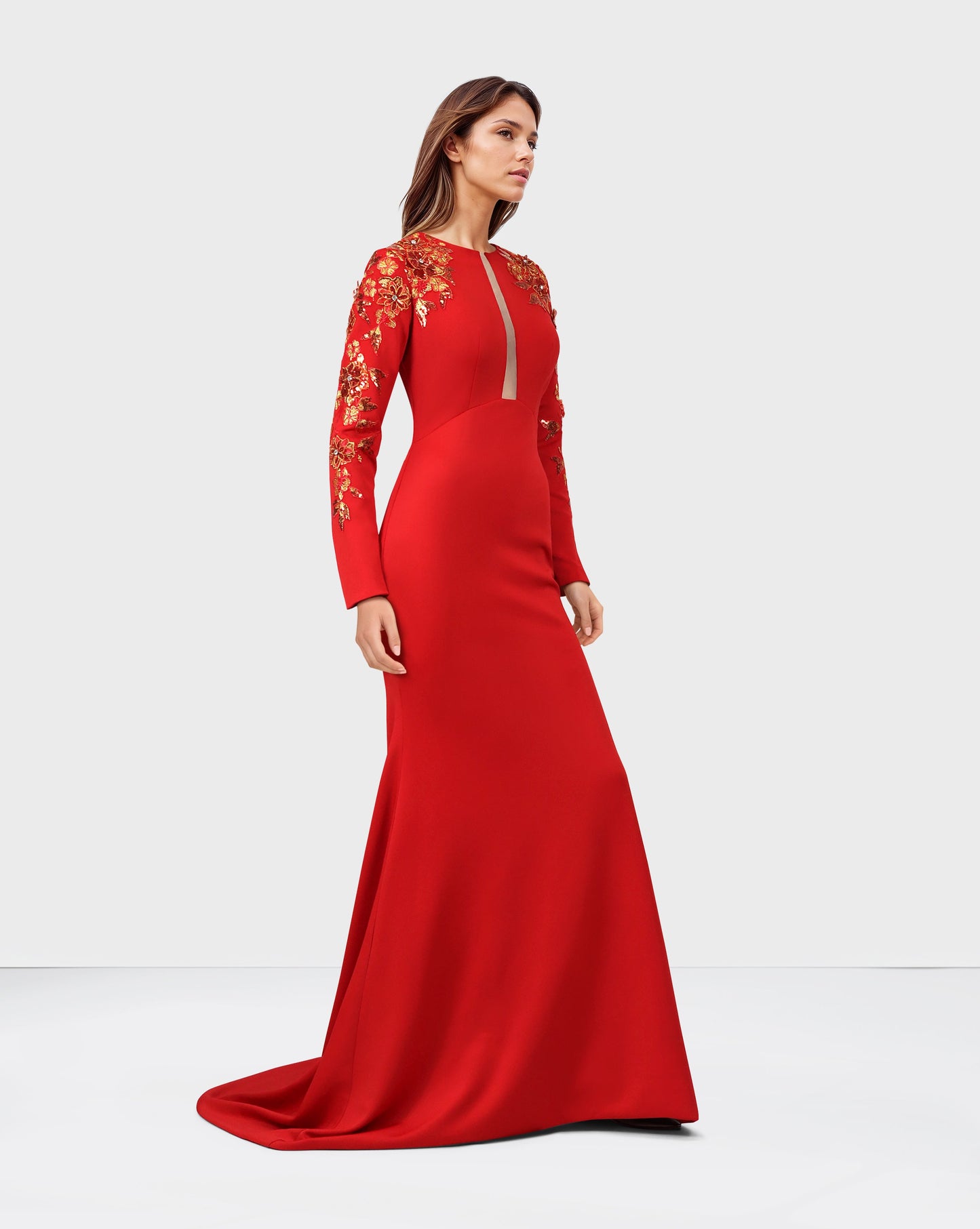 ODD-Red Floor-Length Dress with a Long Train and Sequined Sleeves