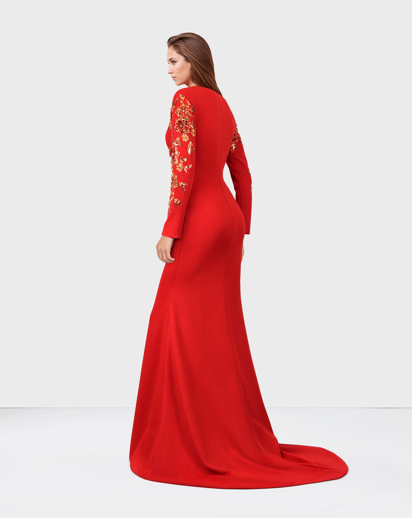 ODD-Red Floor-Length Dress with a Long Train and Sequined Sleeves