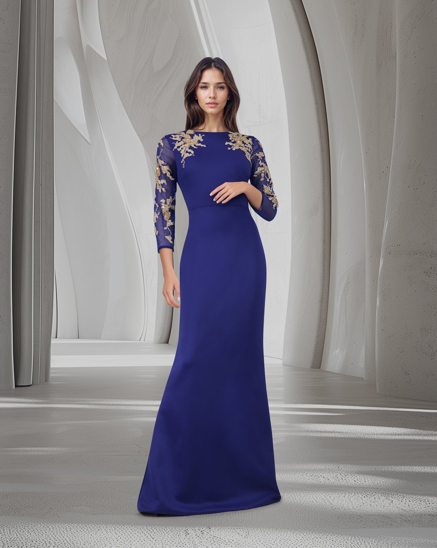 ODD-Blue Floor-Length Dress with see through sequined sleeves