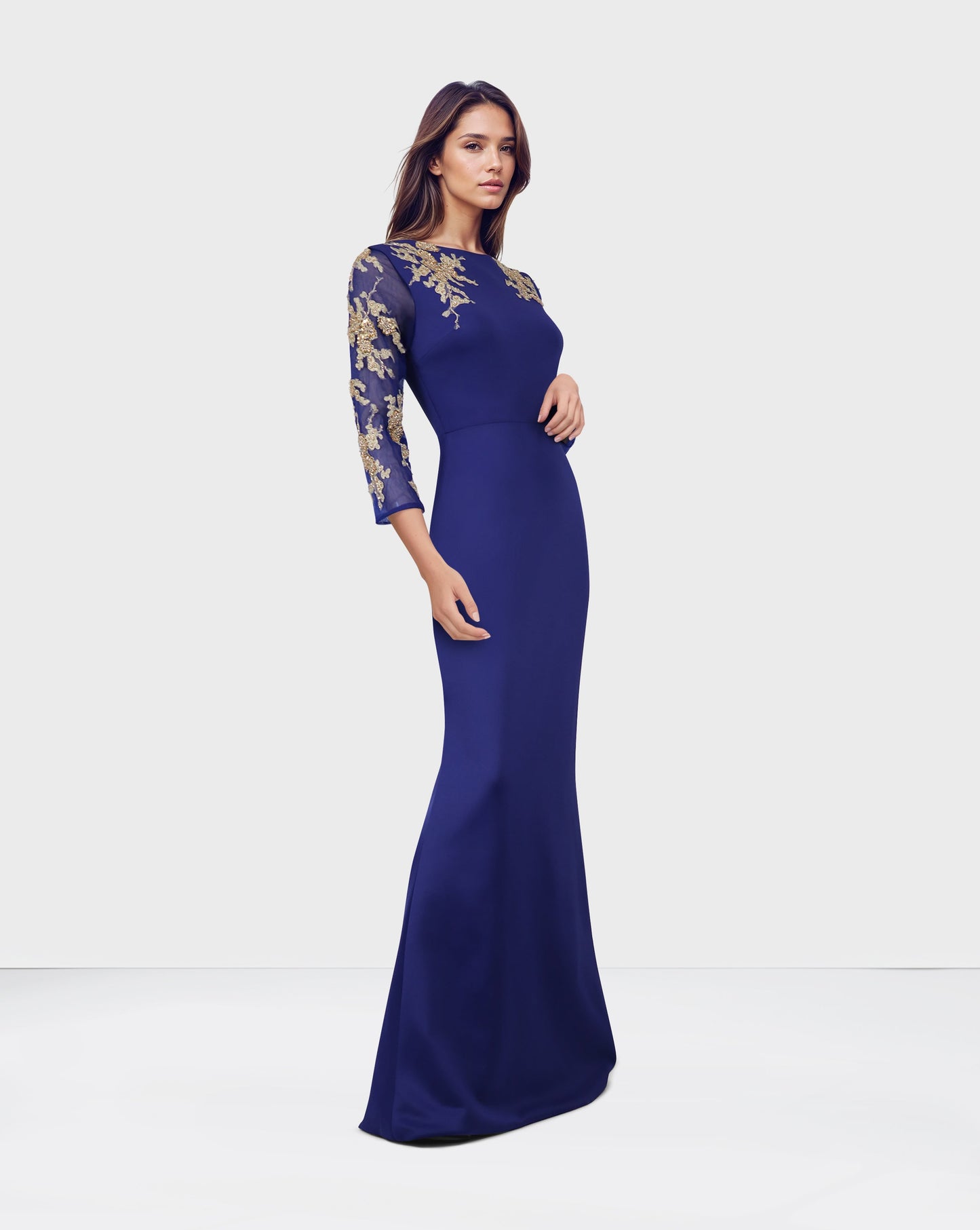 ODD-Blue Floor-Length Dress with see through sequined sleeves