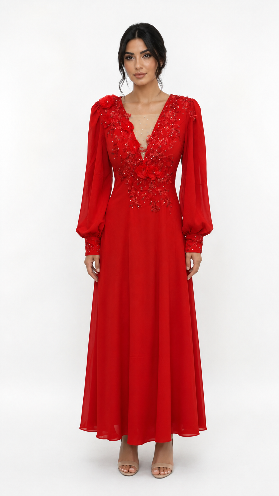long-sleeve A-line evening gown with embellished V-neck – ODD- VALENTINA