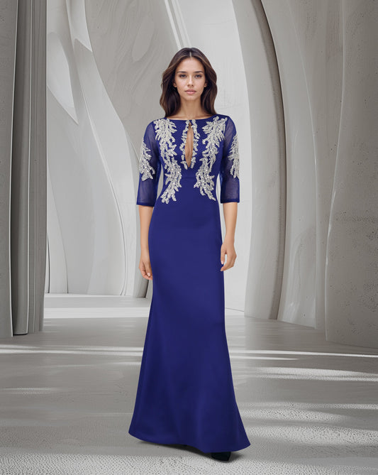 ODD-Sequined floor-length blue dress with see-through sleeves