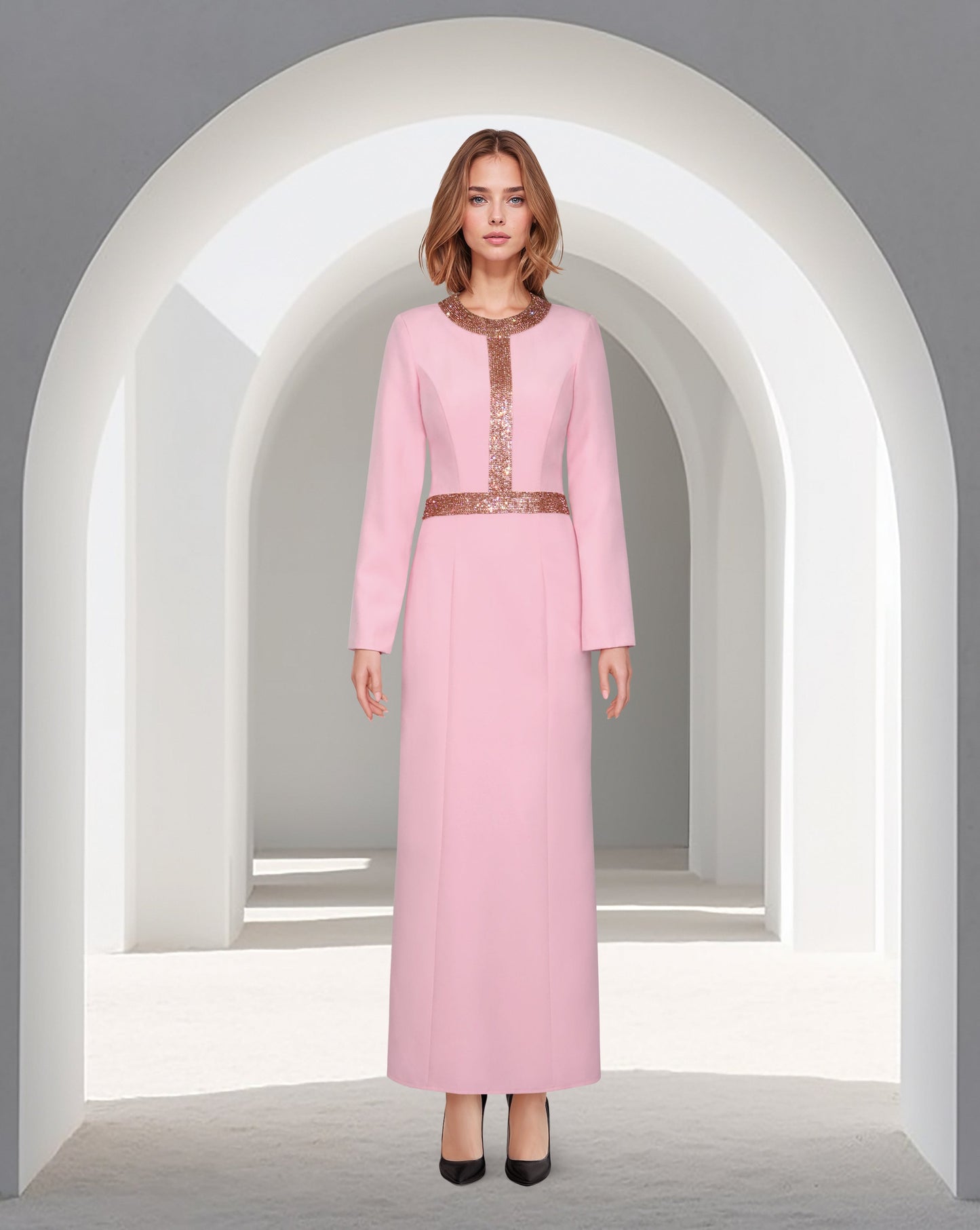 ODD-Tailored - beaded pink dress with ankle-length