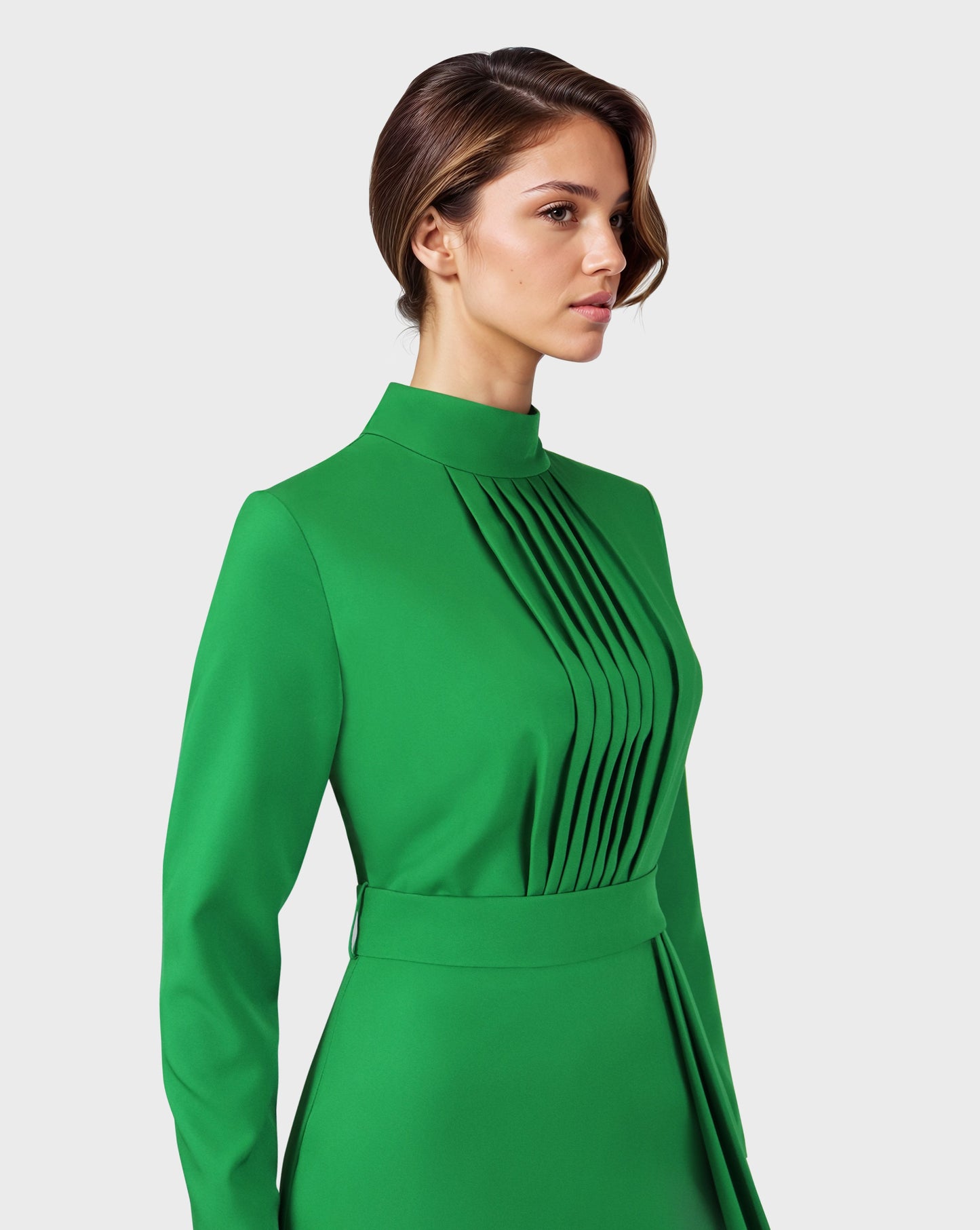 Pleated chest with long sleeves green dress-ODD-Govan