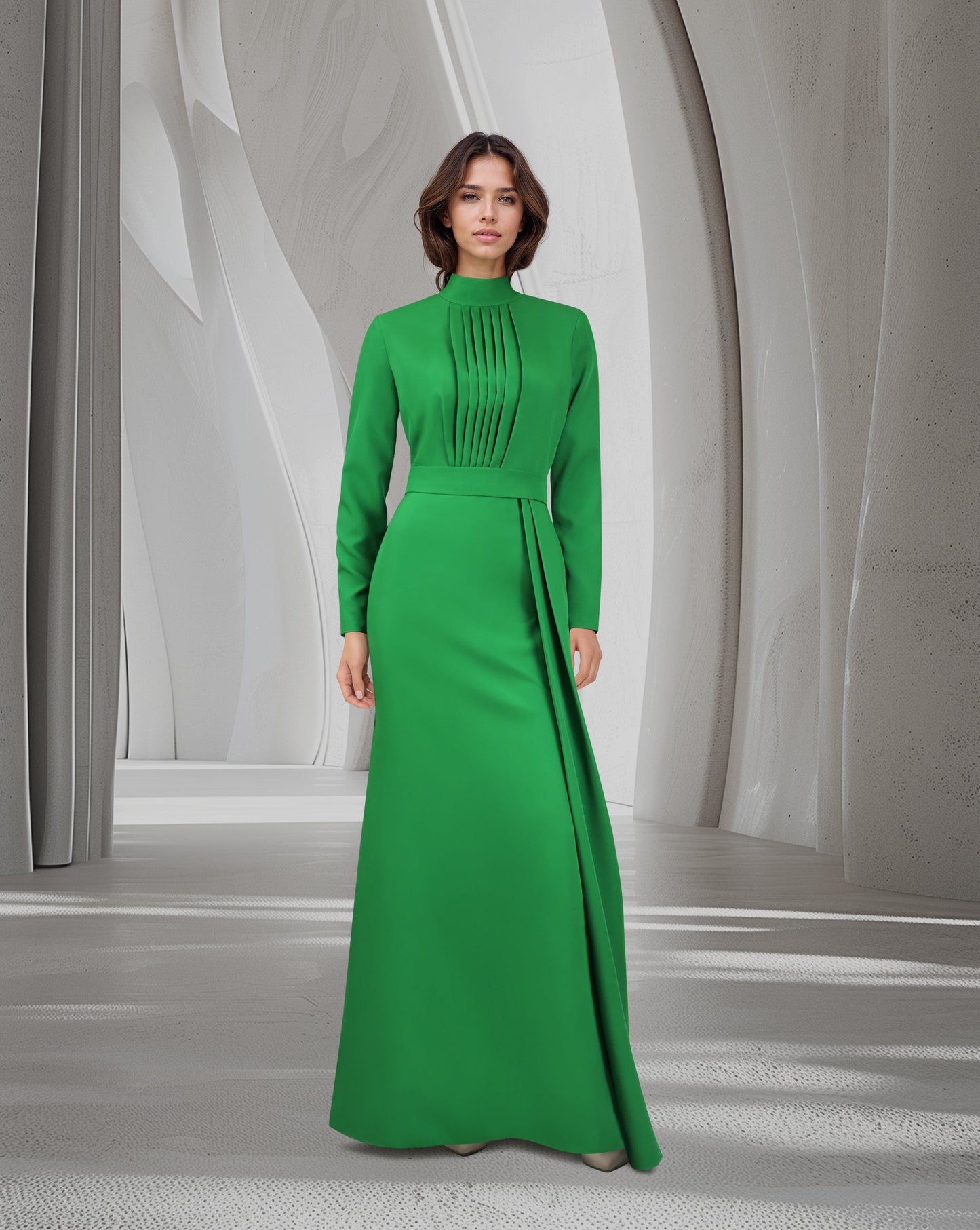 Pleated chest with long sleeves green dress-ODD-Govan