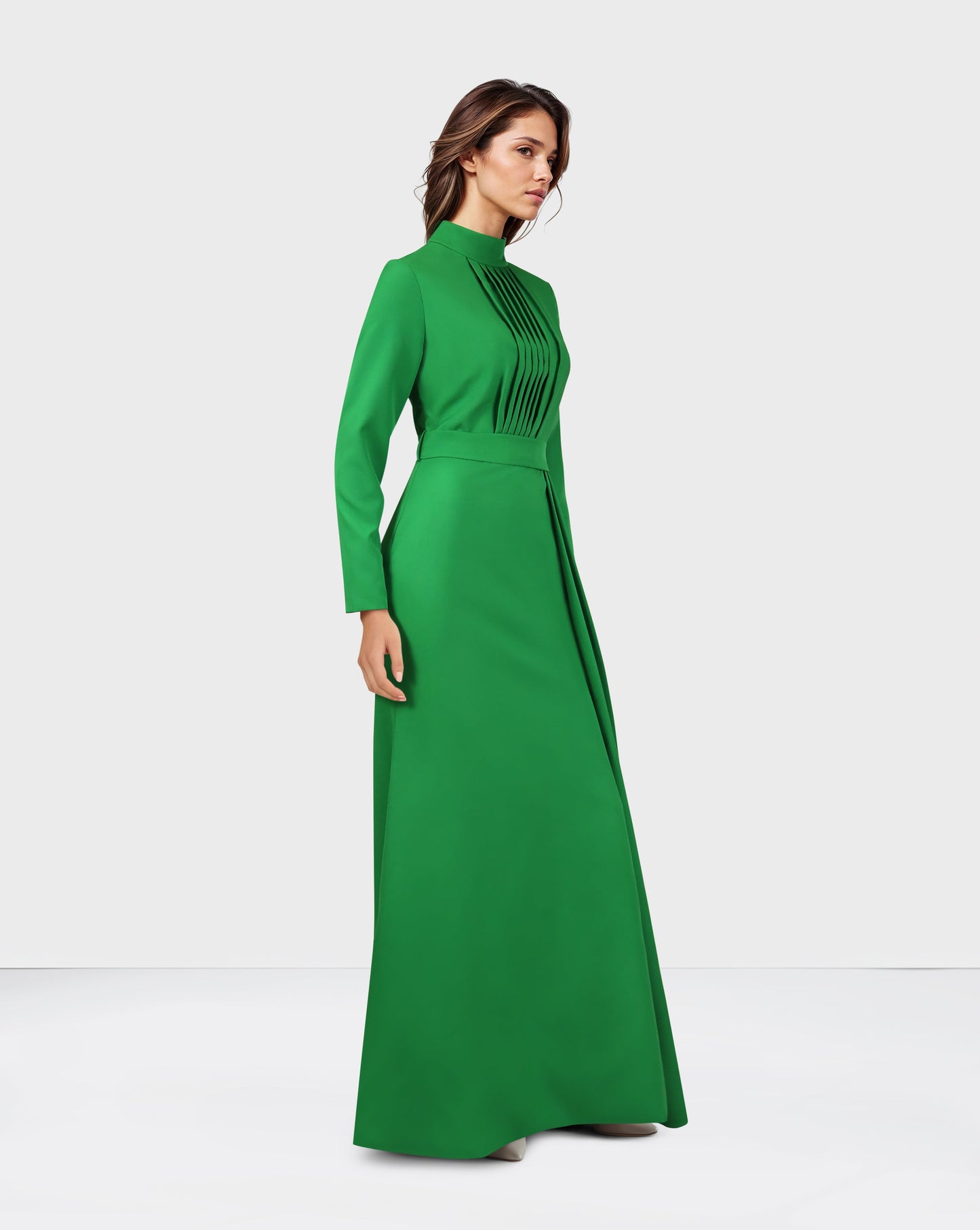 Pleated chest with long sleeves green dress-ODD-Govan