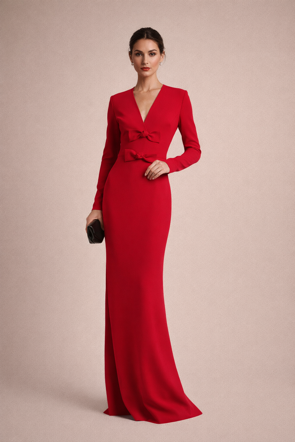 long sleeve V-neck gown with double bow detail – ODD- WALID