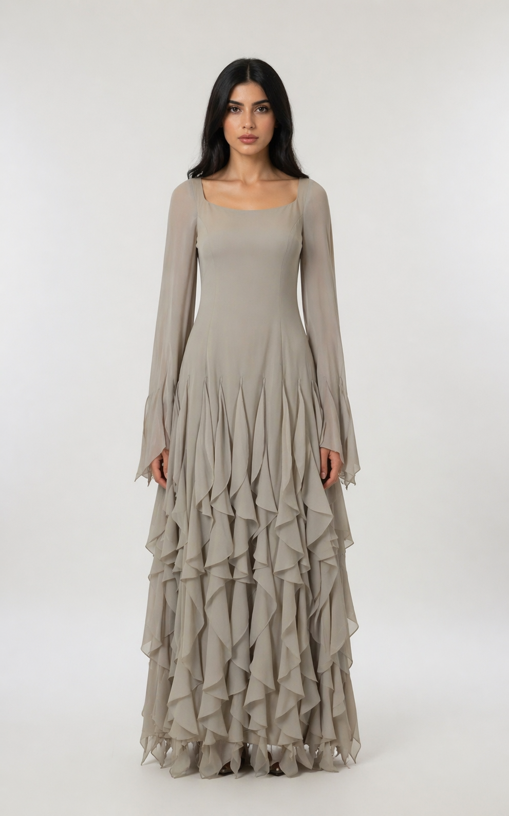 long sleeve ruffled chiffon maxi dress – ODD- SERENE