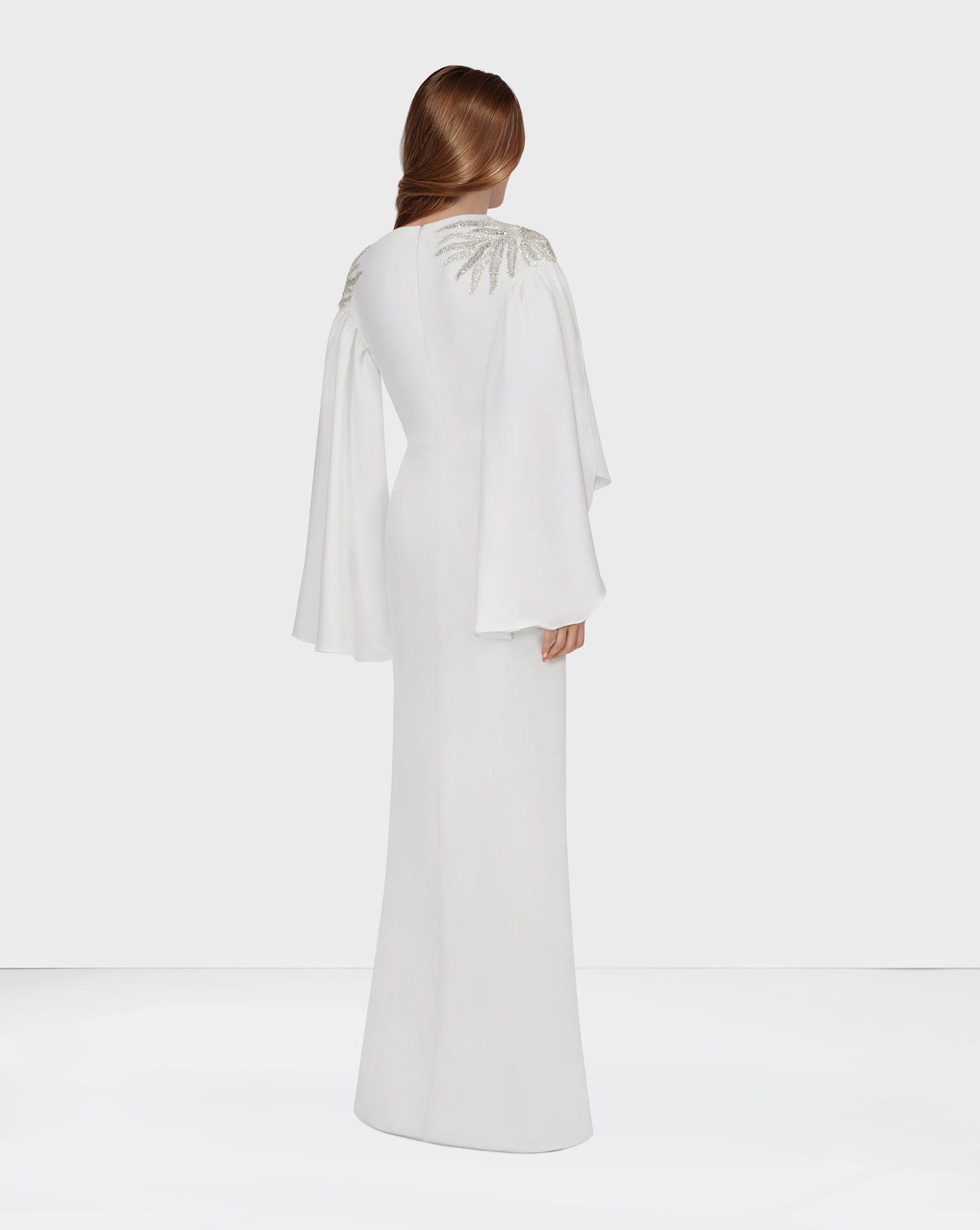 ODD - White column dress with ruffled sleeves and sequined shoulders