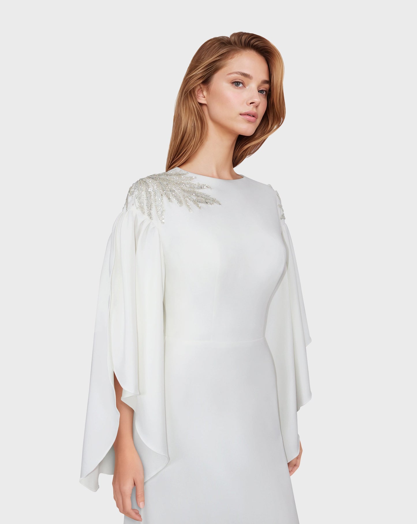 ODD - White column dress with ruffled sleeves and sequined shoulders