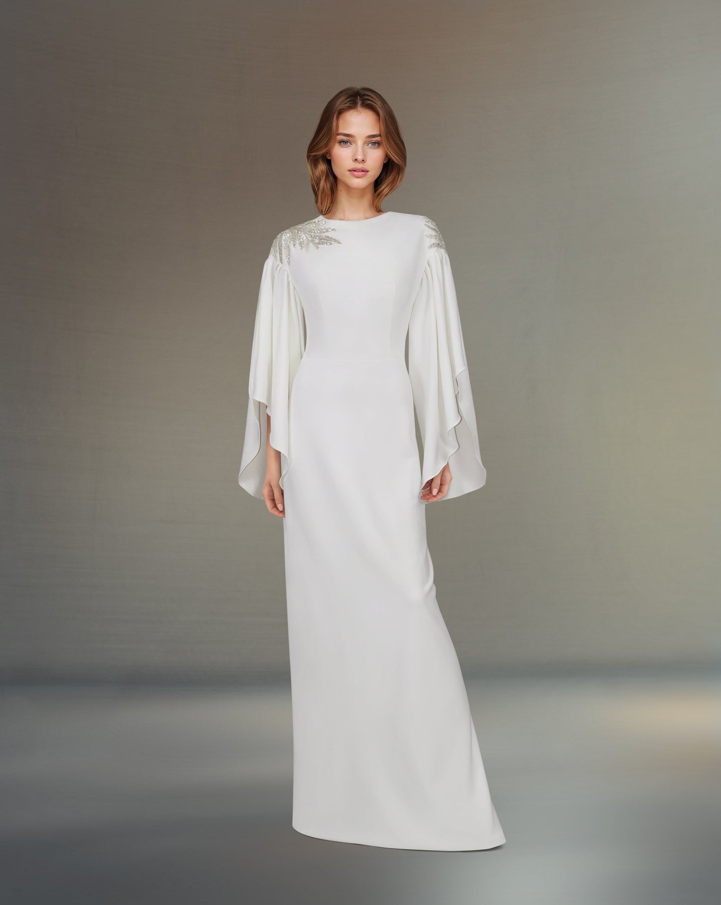 ODD - White column dress with ruffled sleeves and sequined shoulders