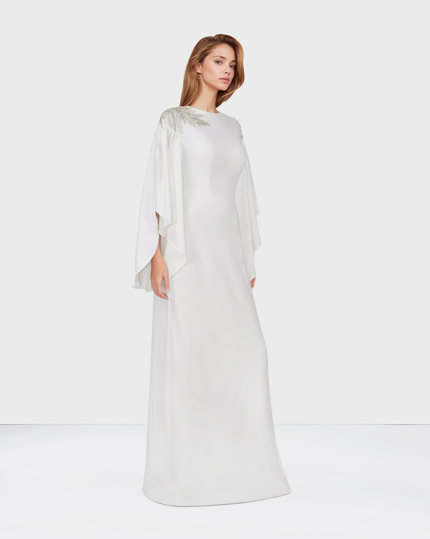 ODD - White column dress with ruffled sleeves and sequined shoulders