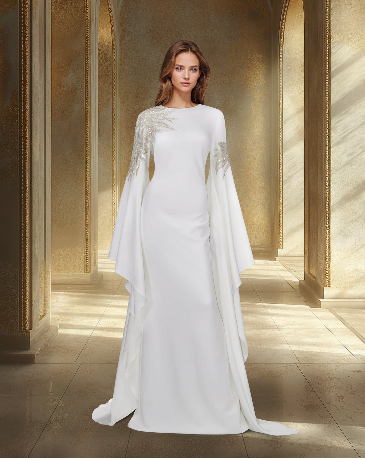 ODD-Sequined white dress with floor-length sleeves