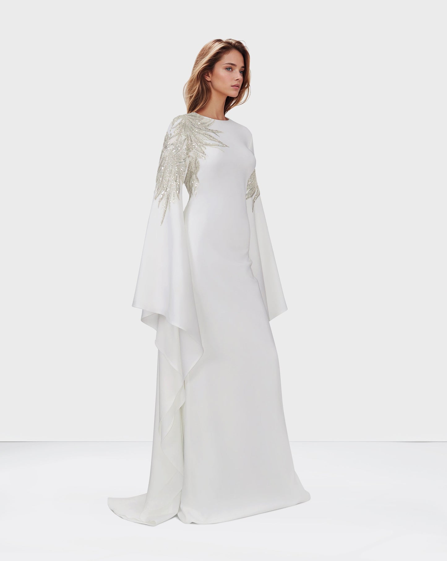 ODD-Sequined white dress with floor-length sleeves