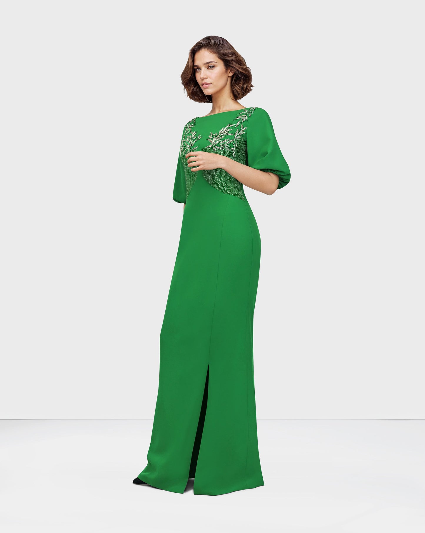 ODD-⁠Beaded column dress with puffed sleeves and side slit