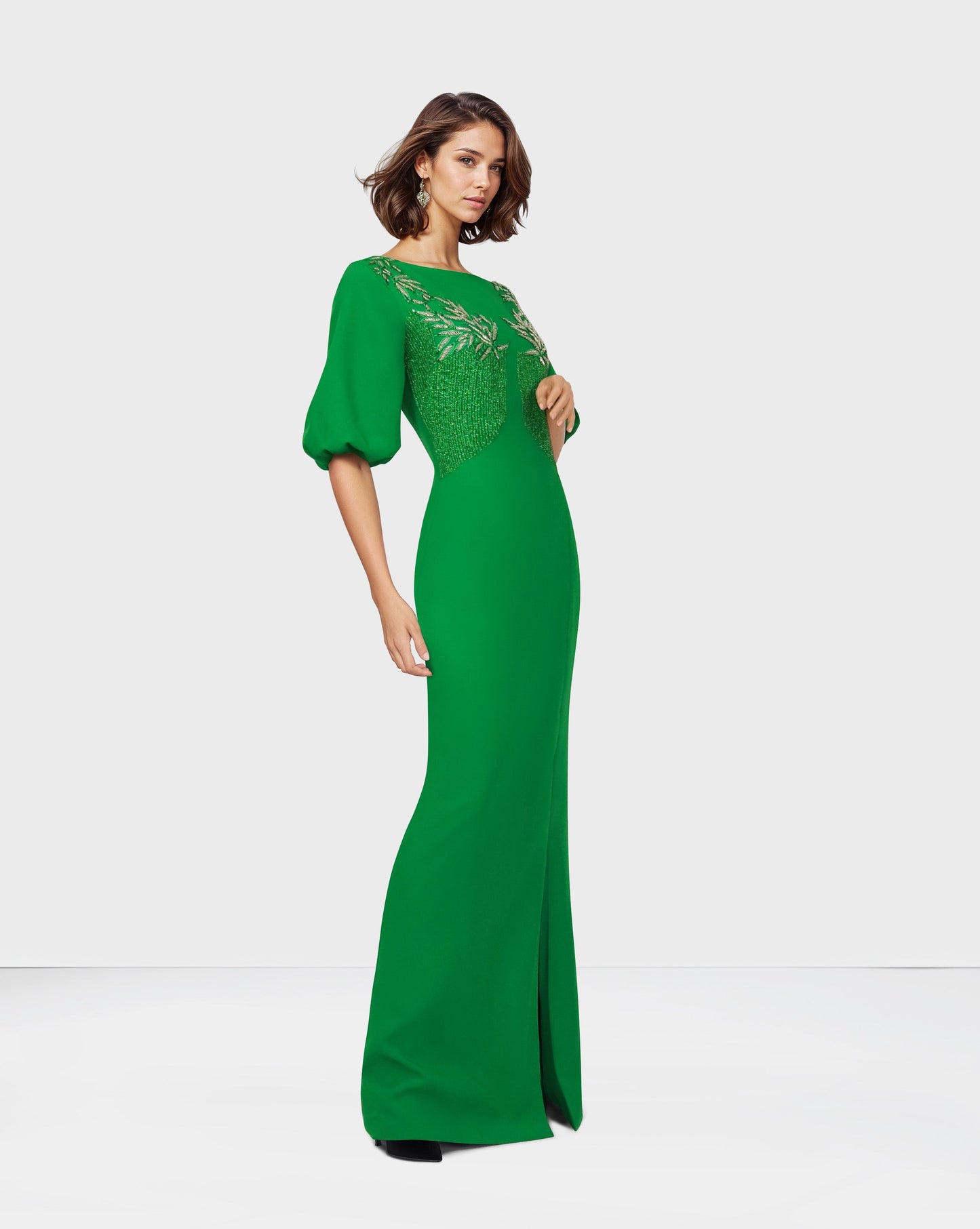 ODD-⁠Beaded column dress with puffed sleeves and side slit