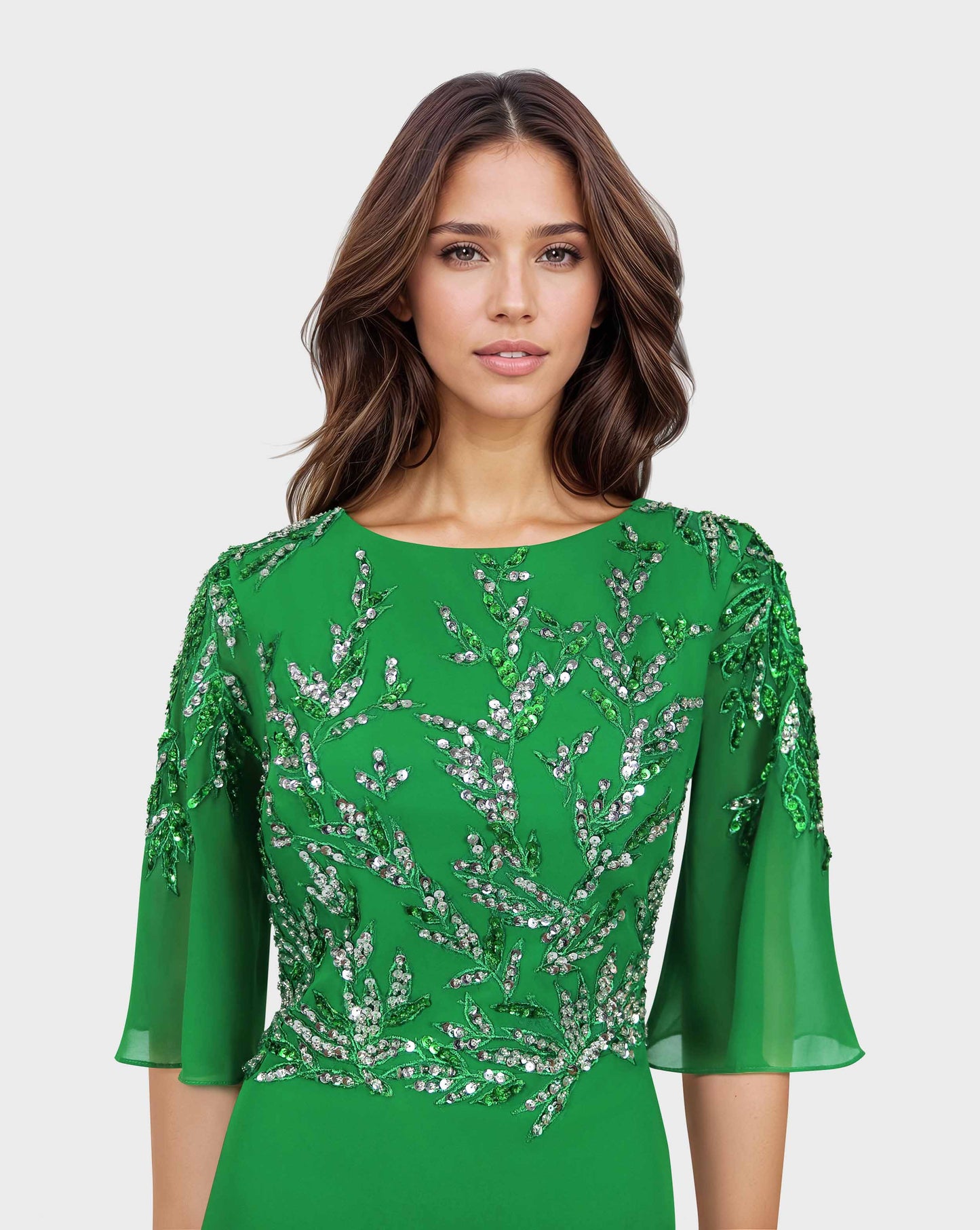 ODD-Sequined column dress with see-through/bell sleeves