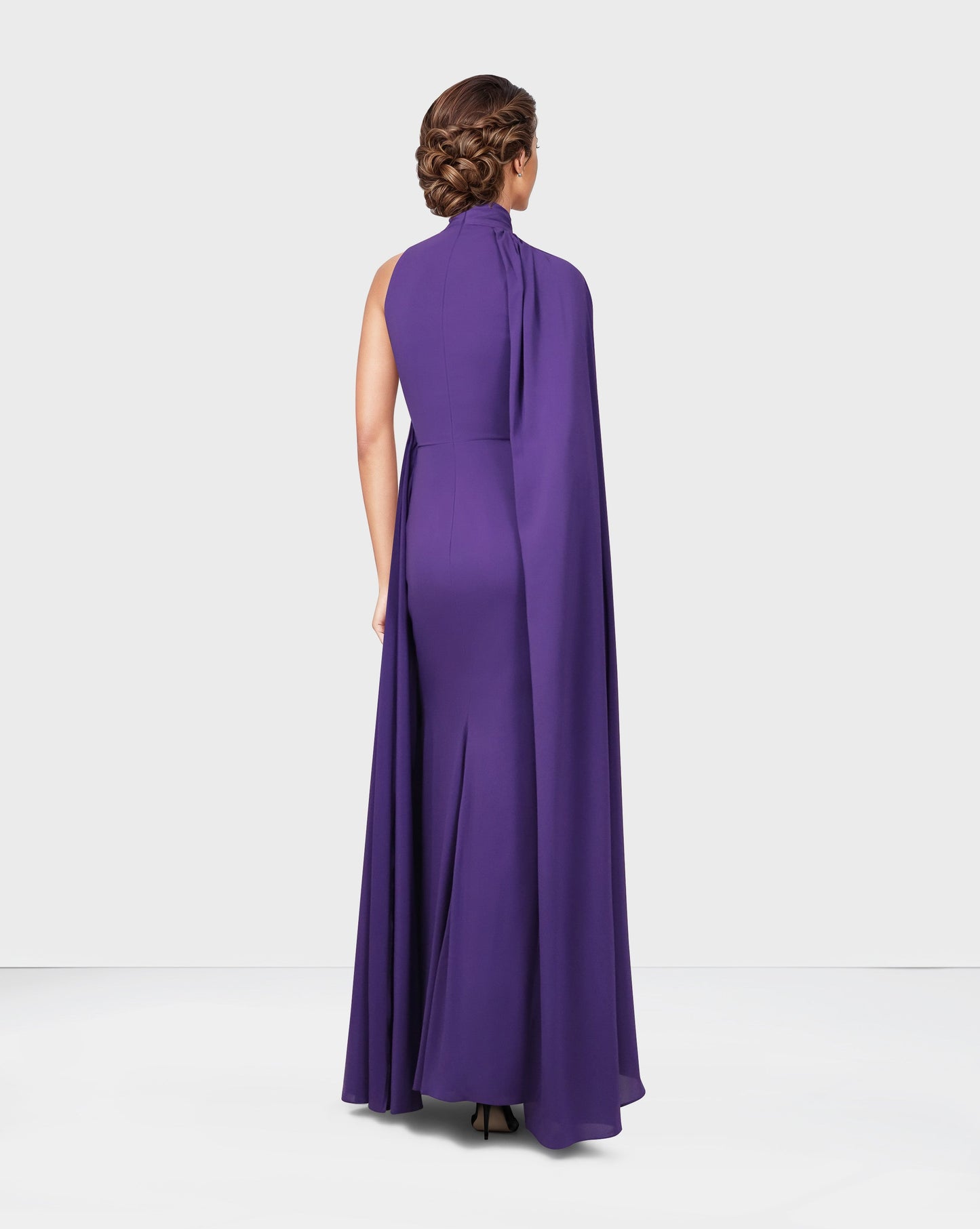 ODD-Draped shoulder off dress with cape sleeve