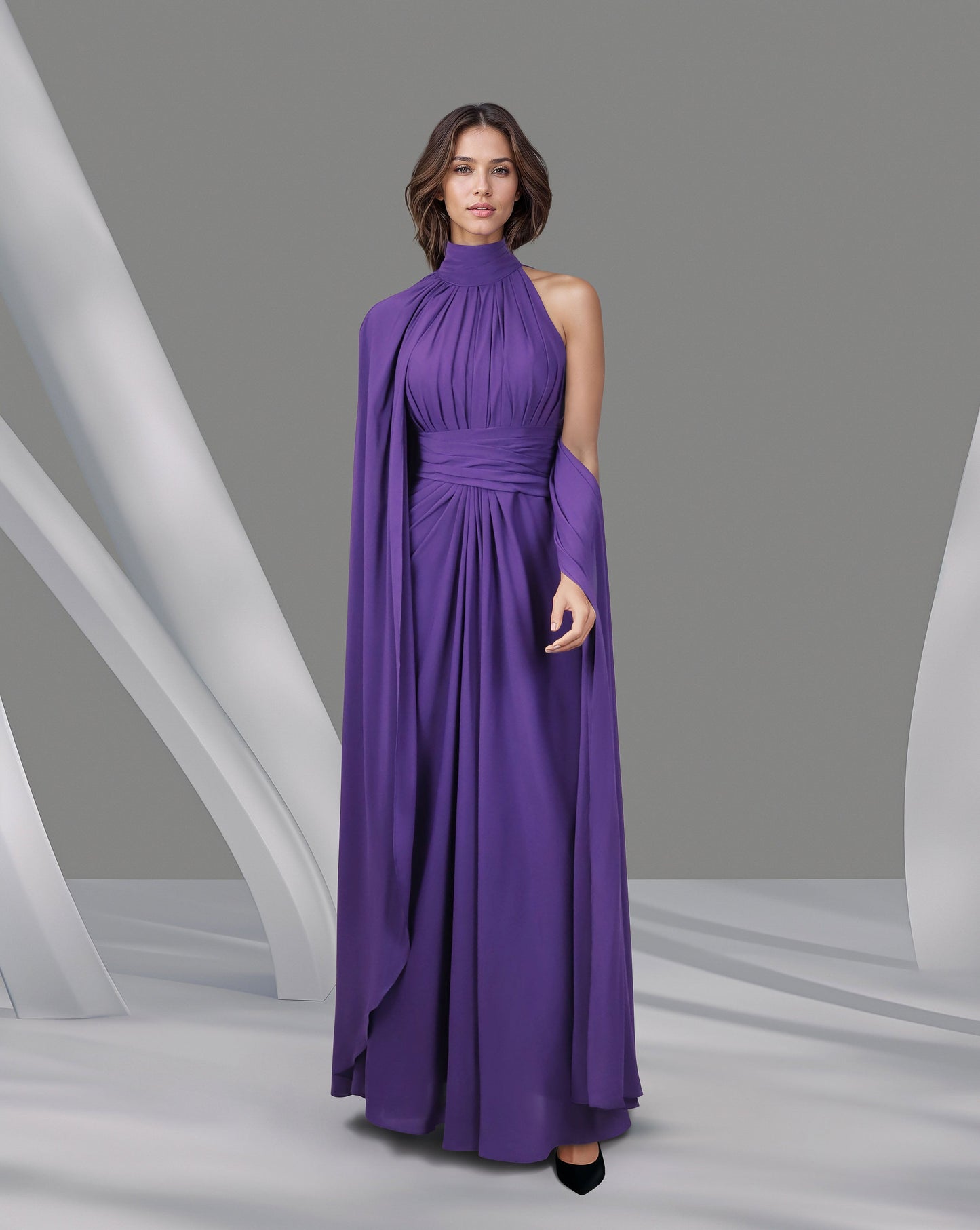 ODD-Draped shoulder off dress with cape sleeve