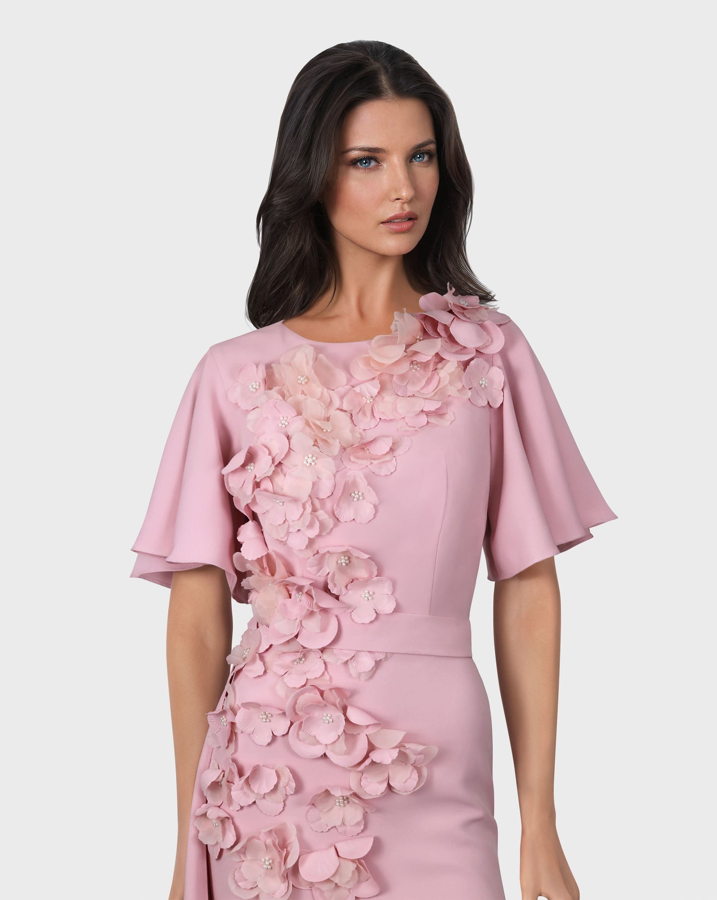 ODD-3D flowered dress with detachable train