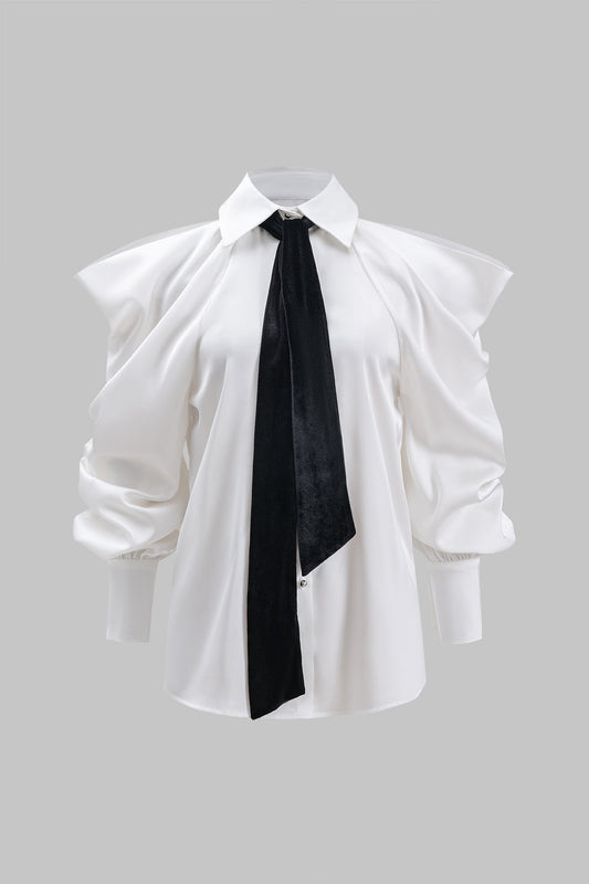 Satin Button Tie Long-Sleeve Shirt With Tie
