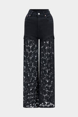 Lace Denim Patchwork Button Pokcet Wide Leg Jeans
