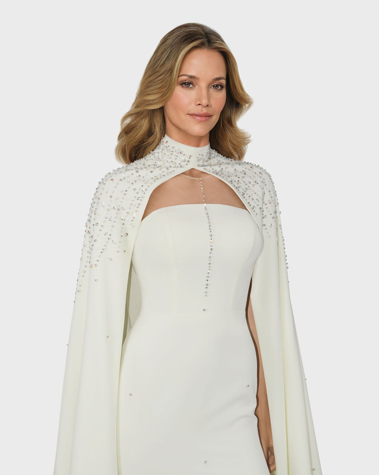 Beaded ivory column dress with high neck cape-ODD-Queenie